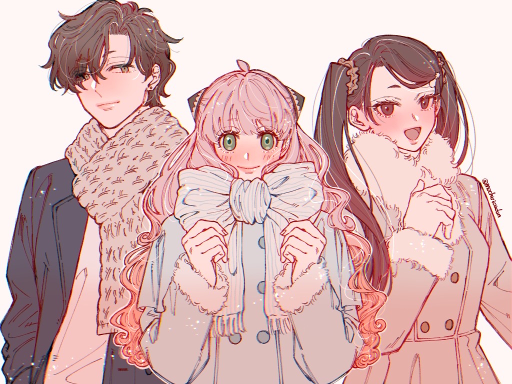 anya (spy x family), becky blackbell, damian desmond, spy x family, commentary request, 1boy, 2girls, aged up, ahoge, black coat, black hair, blue coat, blue scarf, blush, brown coat, brown eyes, brown scrunchie, closed mouth, coat, curly hair, fur-trimmed coat, fur trim, green eyes, hair between eyes, hair ornament, hair scrunchie, hairpods, knit scarf, light smile, long hair, mochirioudon, multiple girls, open mouth, pink hair, scarf, scrunchie, shirt, short hair, smile, straight hair, swept bangs, twintails, twitter username, upper body, white shirt
