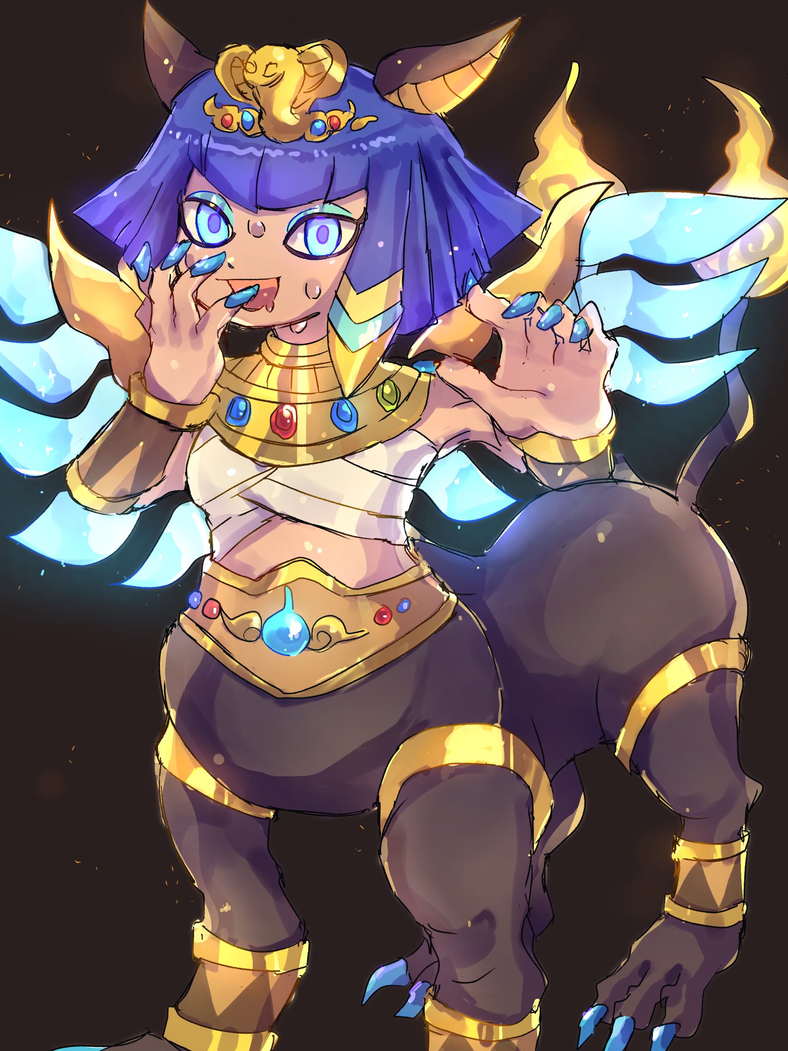 kurekurepatra, youkai watch, commentary request, highres, 1girl, ancient egyptian, animal ears, blue eyes, blue nails, breasts, brown background, cat ears, centauroid, chest sarashi, claws, dark-skinned female, dark skin, fingernails, looking at viewer, monster girl, multiple tails, open mouth, sarashi, simple background, small breasts, solo, sphinx, tail, taur, two tails, umeyoukan hn43, white background, wings, youkai (youkai watch)