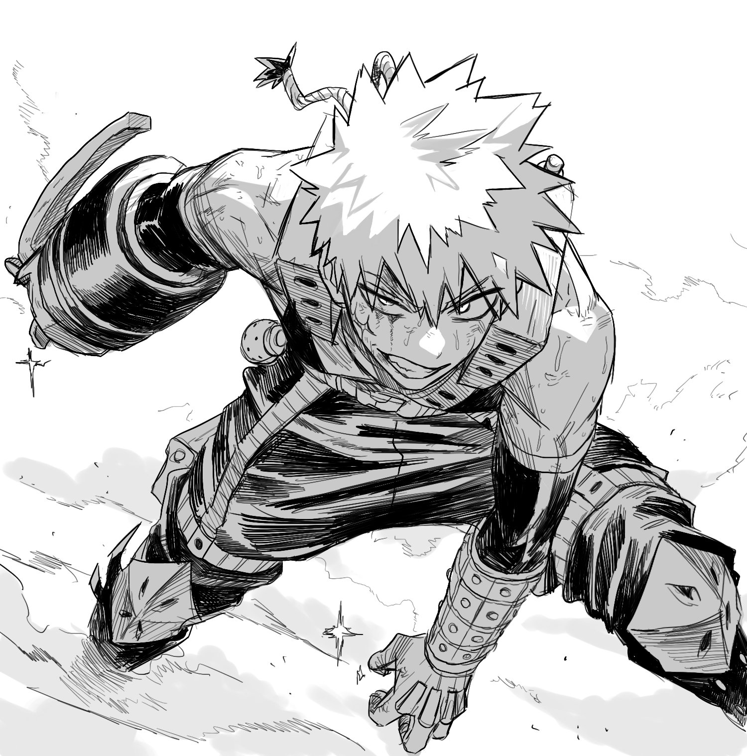 bakugou katsuki, boku no hero academia, commentary request, highres, korean commentary, 1boy, bare shoulders, belt, blood, blood on face, detached sleeves, explosive, facial scar, grenade, greyscale, grin, holster, injury, knee pads, looking to the side, male focus, monochrome, pants, sanpaku, scar, scar on cheek, scar on face, smile, solo, superhero costume, teeth, thatsmyquirk, thigh holster, uneven eyes, white background
