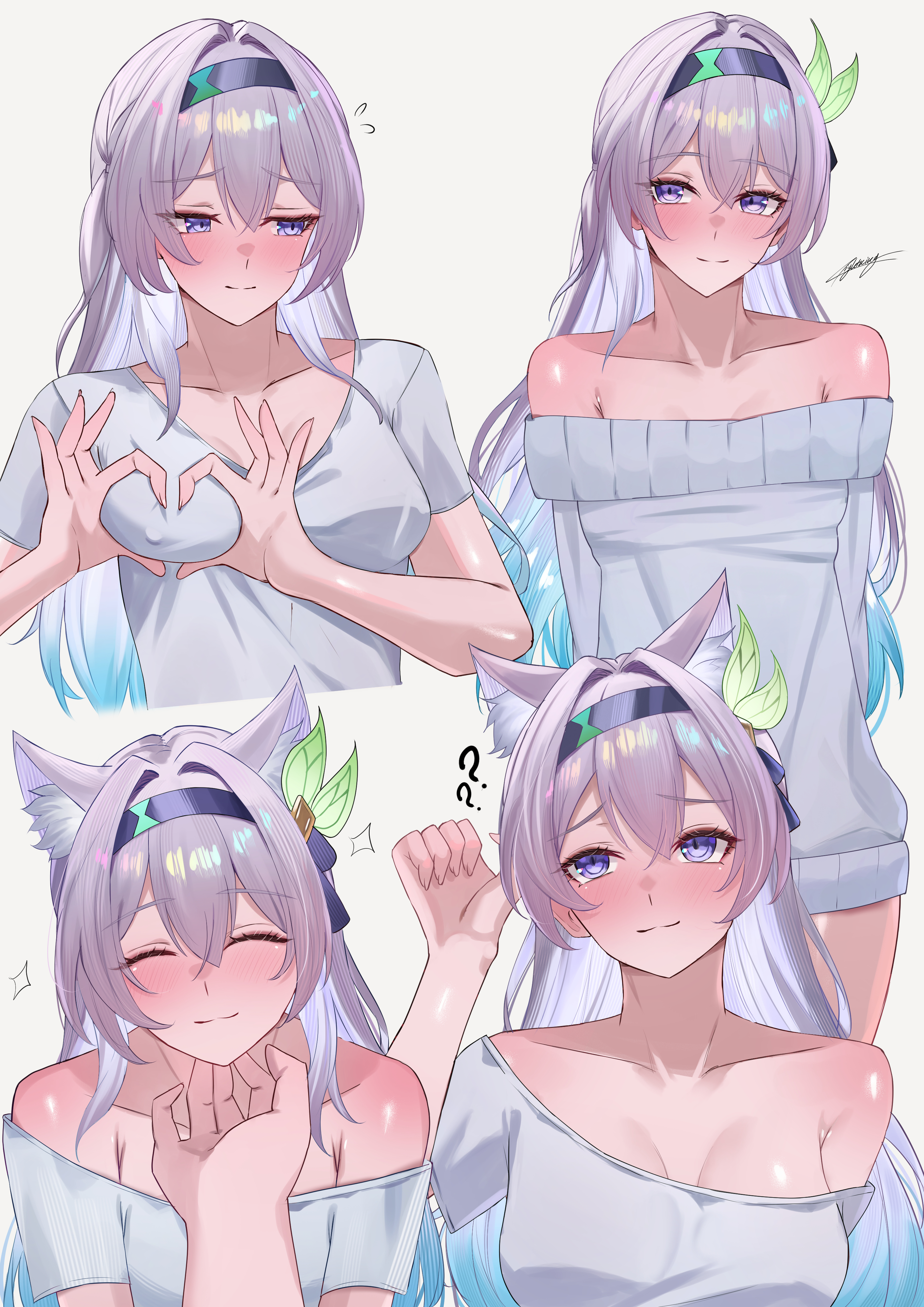 miya-chan (lightning0730), firefly (honkai: star rail), honkai: star rail, honkai (series), absurdres, commentary request, highres, paid reward available, 1girl, 1other, ?, ??, alternate costume, animal ear fluff, animal ears, averting eyes, black hairband, blue hair, breasts, closed eyes, closed mouth, collarbone, covered erect nipples, flying sweatdrops, grabbing own breast, gradient hair, grey hair, grey shirt, grey sweater, hair between eyes, hairband, hand on another's chin, heart, heart hands, kemonomimi mode, large breasts, long sleeves, looking at viewer, multicolored hair, multiple views, off-shoulder shirt, off-shoulder sweater, off shoulder, pov, pov hands, purple eyes, shirt, short sleeves, signature, simple background, single-shoulder shirt, smile, sweater, t-shirt