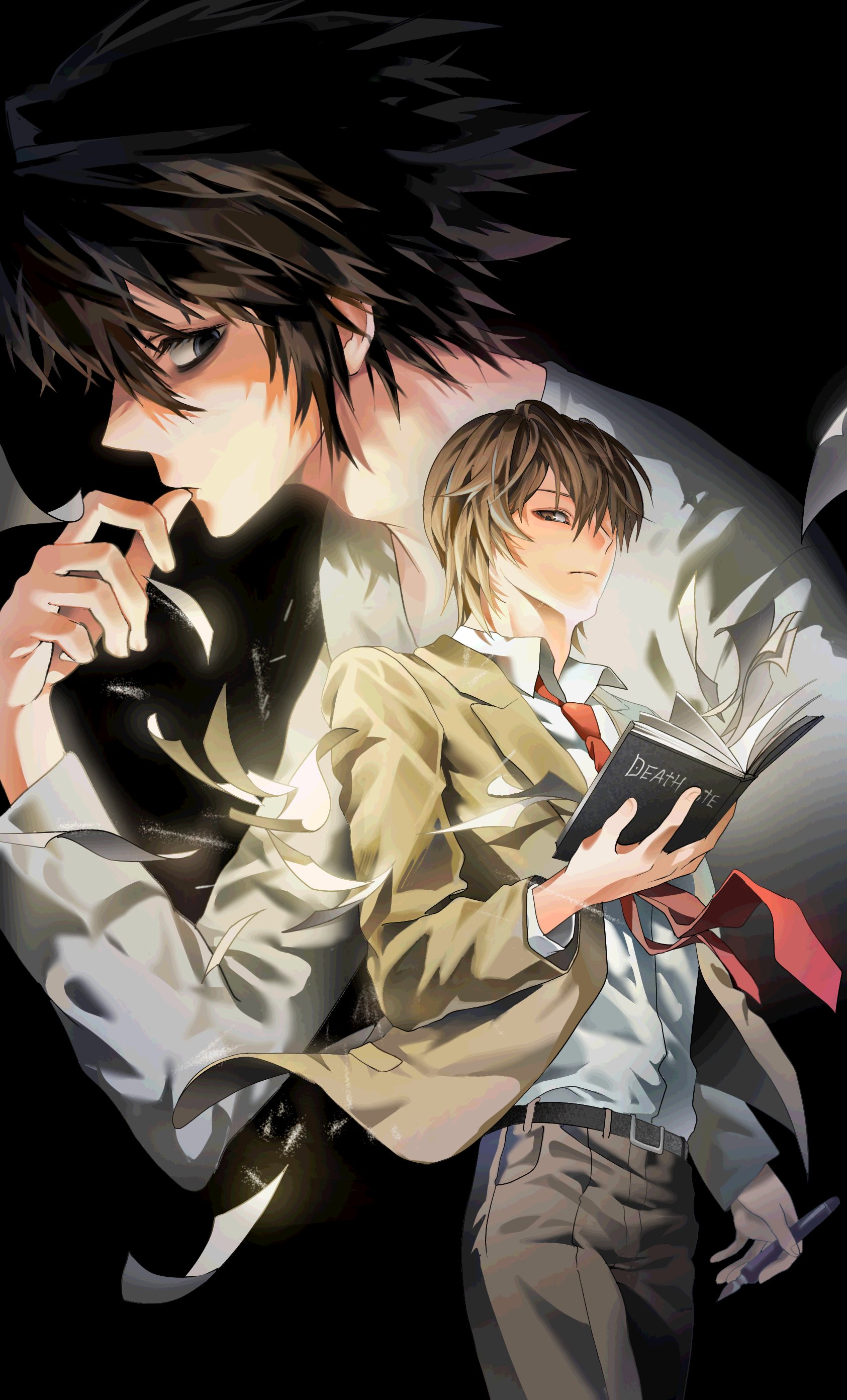 l (death note), yagami light, death note, absurdres, hashtag-only commentary, highres, 2boys, bags under eyes, belt, black background, black belt, black eyes, black hair, black pants, brown eyes, brown hair, brown jacket, collared shirt, cowboy shot, death note (object), falling paper, food, fruit, hair between eyes, hair over one eye, holding, holding food, holding fruit, holding notebook, jacket, male focus, mangmyditto, multiple boys, necktie, no eyebrows, notebook, pants, red necktie, school uniform, shirt, suit jacket, thumb to mouth, upper body, white shirt