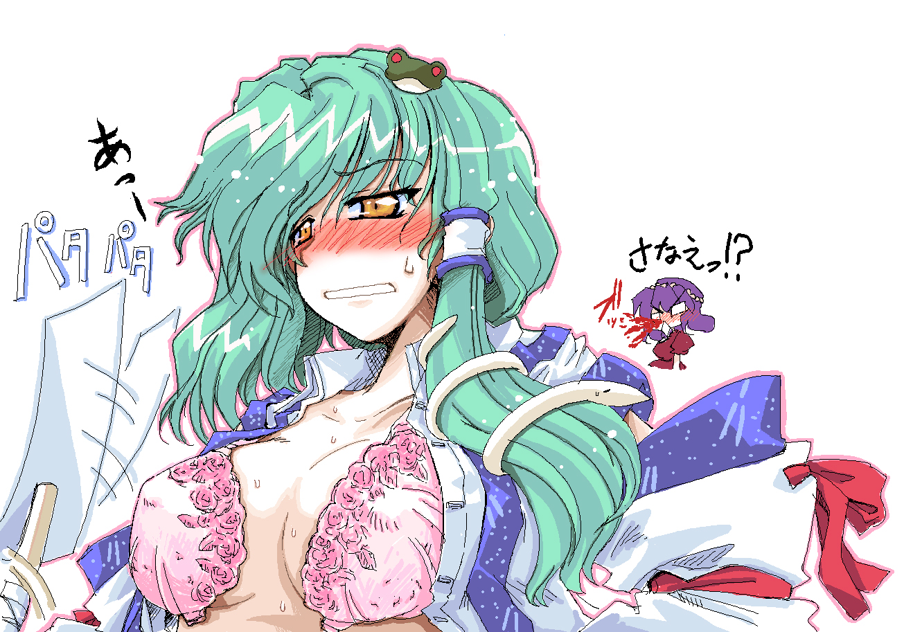 takana shinno, kochiya sanae, yasaka kanako, touhou, 2girls, blood, blush, bra, breasts, female focus, lingerie, multiple girls, nosebleed, open bra, open clothes, underwear, upper body, white background