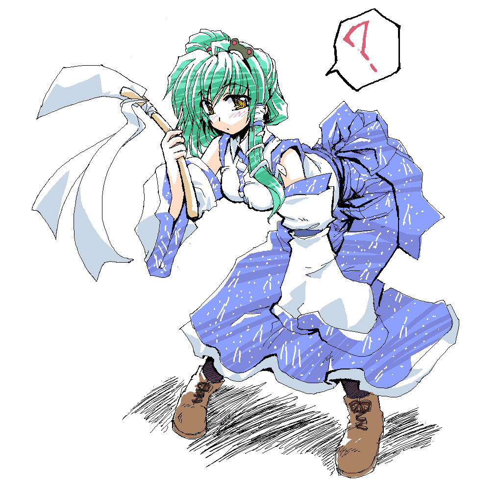takana shinno, kochiya sanae, touhou, 1girl, ?, bent over, boots, brown boots, closed mouth, detached sleeves, dot mouth, female focus, frog, frog hair ornament, gohei, green hair, hair ornament, oonusa, pantyhose, short hair, snake hair ornament, solo, speech bubble, spoken question mark, yellow eyes