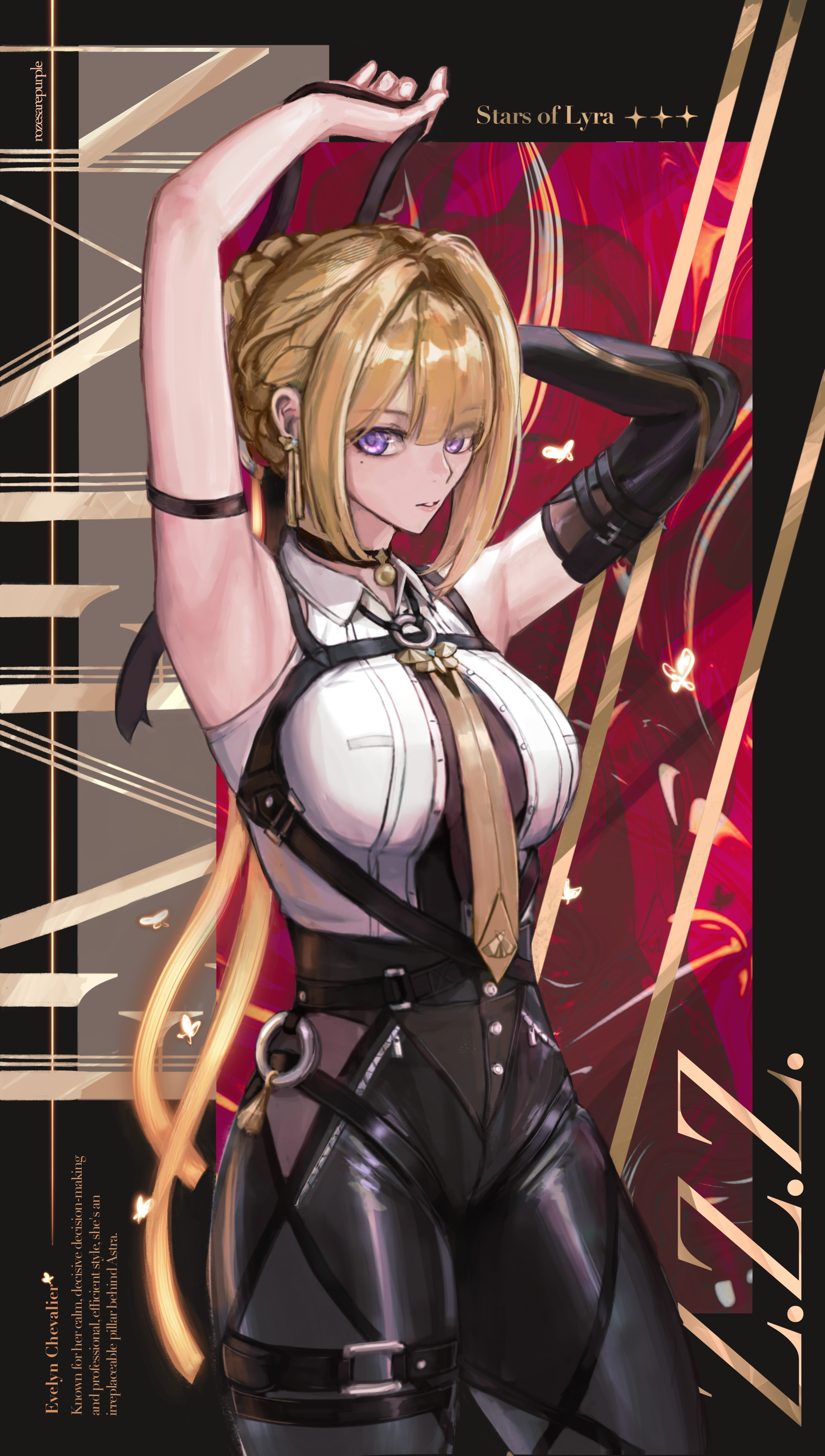 rozenoroze, evelyn chevalier, zenless zone zero, absurdres, commentary, english commentary, highres, 1girl, arm behind head, arm strap, armpits, arms up, bare shoulders, black pants, blonde hair, breasts, character name, chest harness, copyright name, earrings, elbow gloves, english text, gloves, half gloves, harness, high-waist pants, jewelry, large breasts, latex pants, long ribbon, looking at viewer, mole, mole under eye, necktie, oekaki, pants, parted lips, pendant choker, purple eyes, ring hair ornament, shirt, single elbow glove, single half glove, solo, tight clothes, tight pants, white shirt, yellow necktie