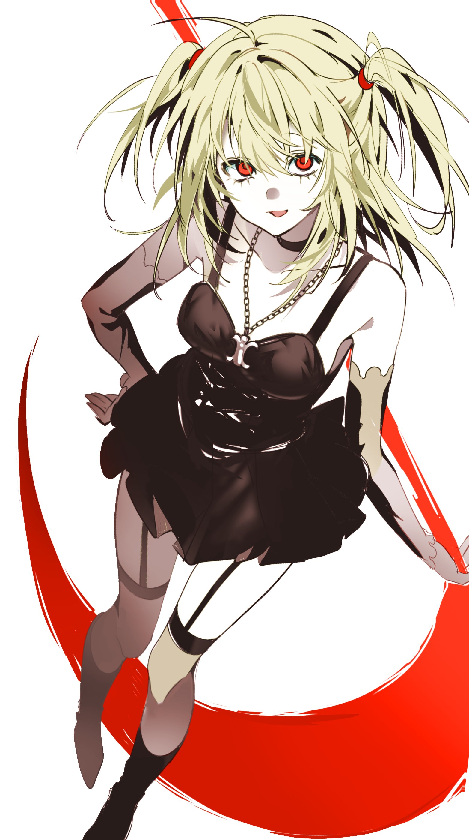 amane misa, death note, absurdres, commentary request, highres, korean commentary, 1girl, ahoge, bare shoulders, black boots, black choker, black dress, black thighhighs, blonde hair, boots, breasts, choker, detached sleeves, dress, full body, garter straps, hair between eyes, hair tie, half updo, hand on own hip, holding, holding scythe, jewelry, light smile, long hair, looking at viewer, mangmyditto, medium breasts, necklace, parted lips, red eyes, scythe, short dress, sleeveless, sleeveless dress, solo, thighhighs, twintails, white background