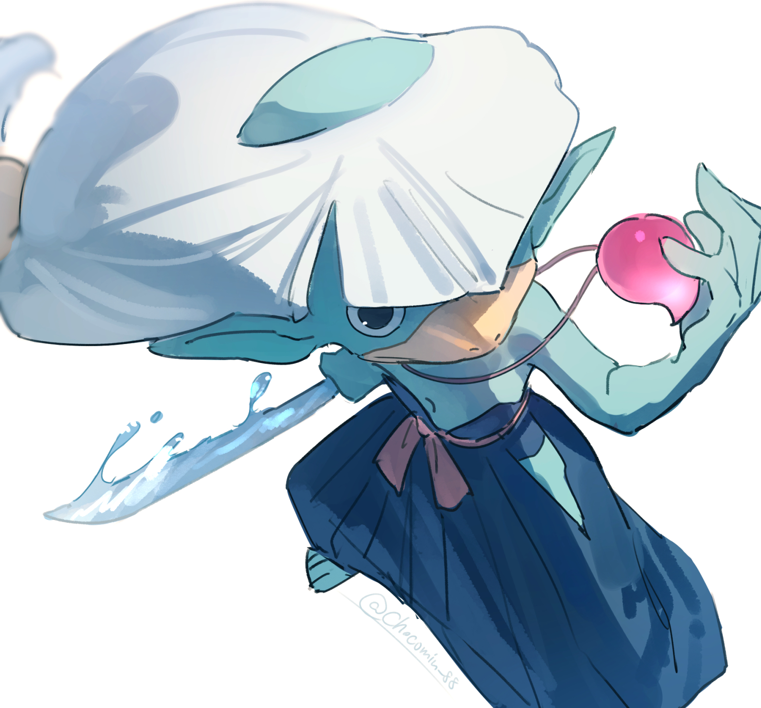 namigappa, youkai watch, highres, balding, beak, blue hakama, chocomin 88, colored skin, green skin, hakama, holding, holding sword, holding weapon, japanese clothes, jewelry, kappa, long hair, magatama, magatama necklace, necklace, pointy ears, simple background, solo, sword, traditional youkai, weapon, white background, white hair, youkai (youkai watch)