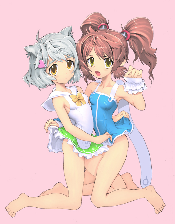 sugeno tomoaki, eko (vanpri), kanae (vanpri), vanguard princess, silver hair, official art, 2girls, animal ears, barefoot, brown hair, cat ears, clothes lift, dress, feet, flat chest, kneeling, legs, multiple girls, no panties, orange eyes, short dress, short hair, skirt, skirt lift, twintails, yellow eyes, yuri