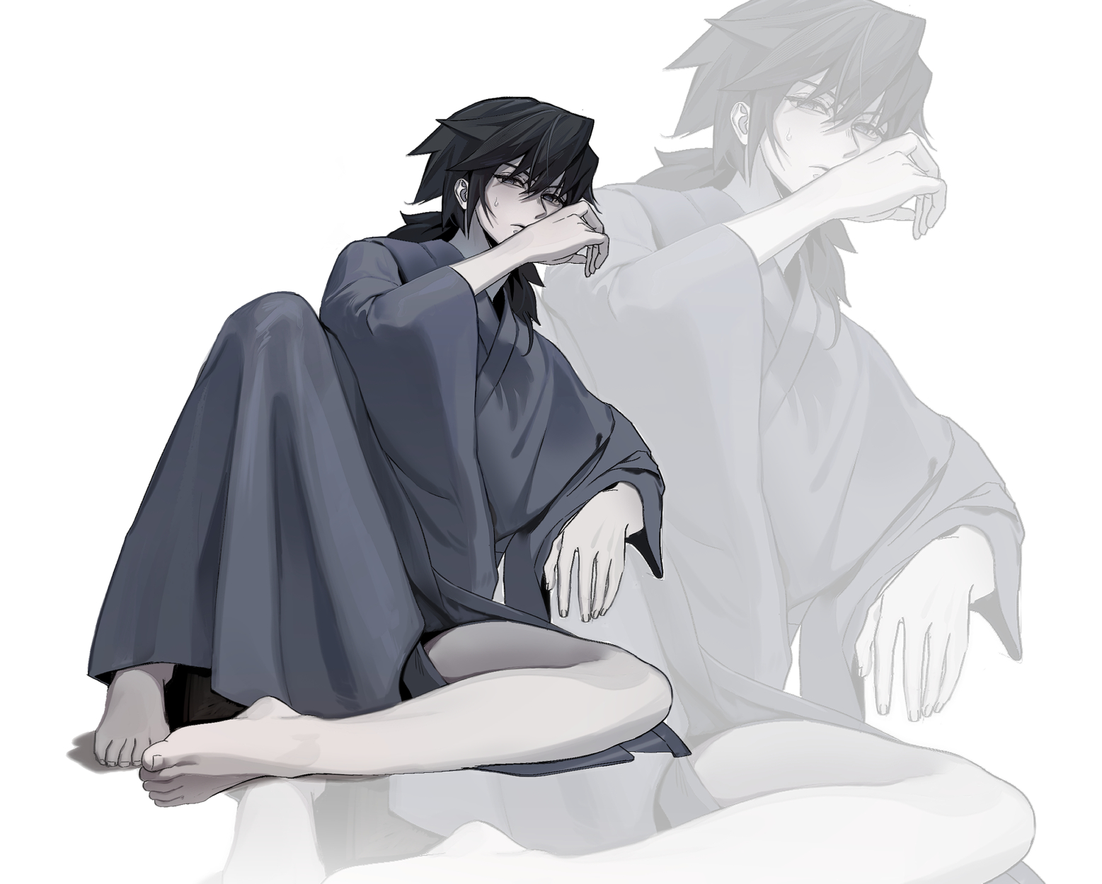 tomioka giyuu, kimetsu no yaiba, commentary request, highres, korean commentary, 1boy, barefoot, black hair, full body, grey eyes, grey kimono, hair between eyes, hand over face, japanese clothes, kimono, long hair, low ponytail, male focus, pale skin, ponytail, ppo er, sitting, solo, sweatdrop, white background, wide sleeves