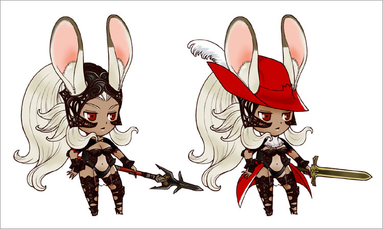 minami ryou, fran (ff12), red mage (final fantasy), final fantasy, final fantasy xii, md5 mismatch, 00s, 1girl, animal ears, chibi, dark-skinned female, dark skin, rabbit ears, revealing clothes, sword, viera, weapon