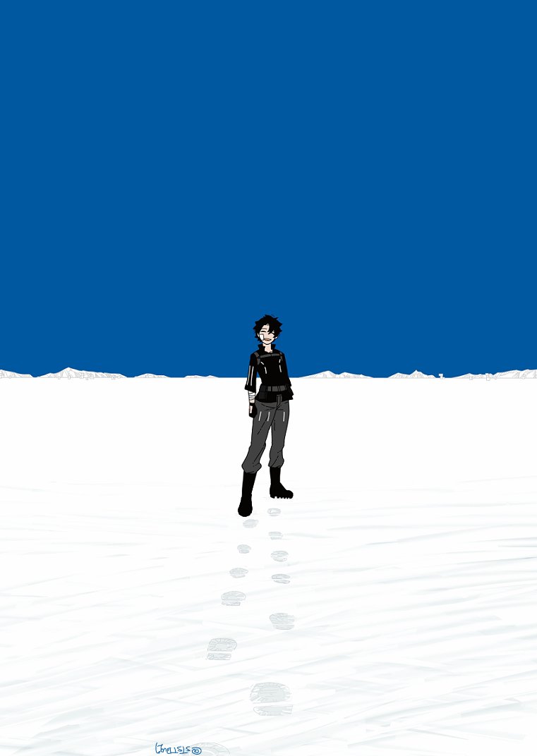 mushi (gooooooon), fujimaru ritsuka (male), fujimaru ritsuka (male) (polar chaldea uniform), fate/grand order, fate (series), 1boy, ankle boots, arms at sides, artist name, bandage on cheek, bandaged arm, bandages, black hair, black shoes, blue sky, boots, clear sky, cleats, closed eyes, clothing cutout, facing viewer, full body, glove cutout, grey pants, long sleeves, male focus, mountain, pants, shoes, short hair, sky, smile, snow, solo, solo focus, teeth, upper teeth only, wide shot