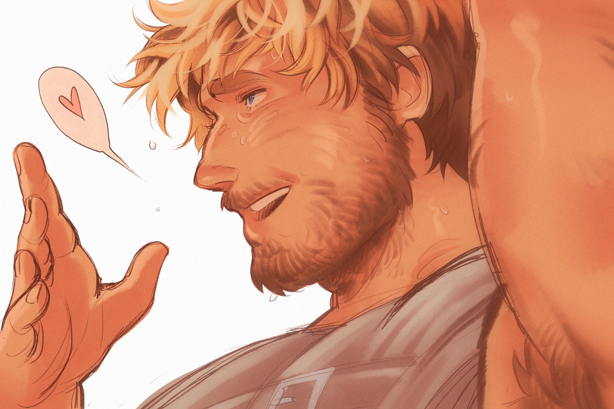 character request, commentary, copyright request, english commentary, highres, 1boy, arm up, armpit hair, artsycheesycake, bara, beard, blonde hair, blue eyes, facial hair, from side, grey shirt, heart, male focus, profile, shirt, simple background, smile, solo, speech bubble, spoken heart, tank top, teeth, upper teeth only, white background