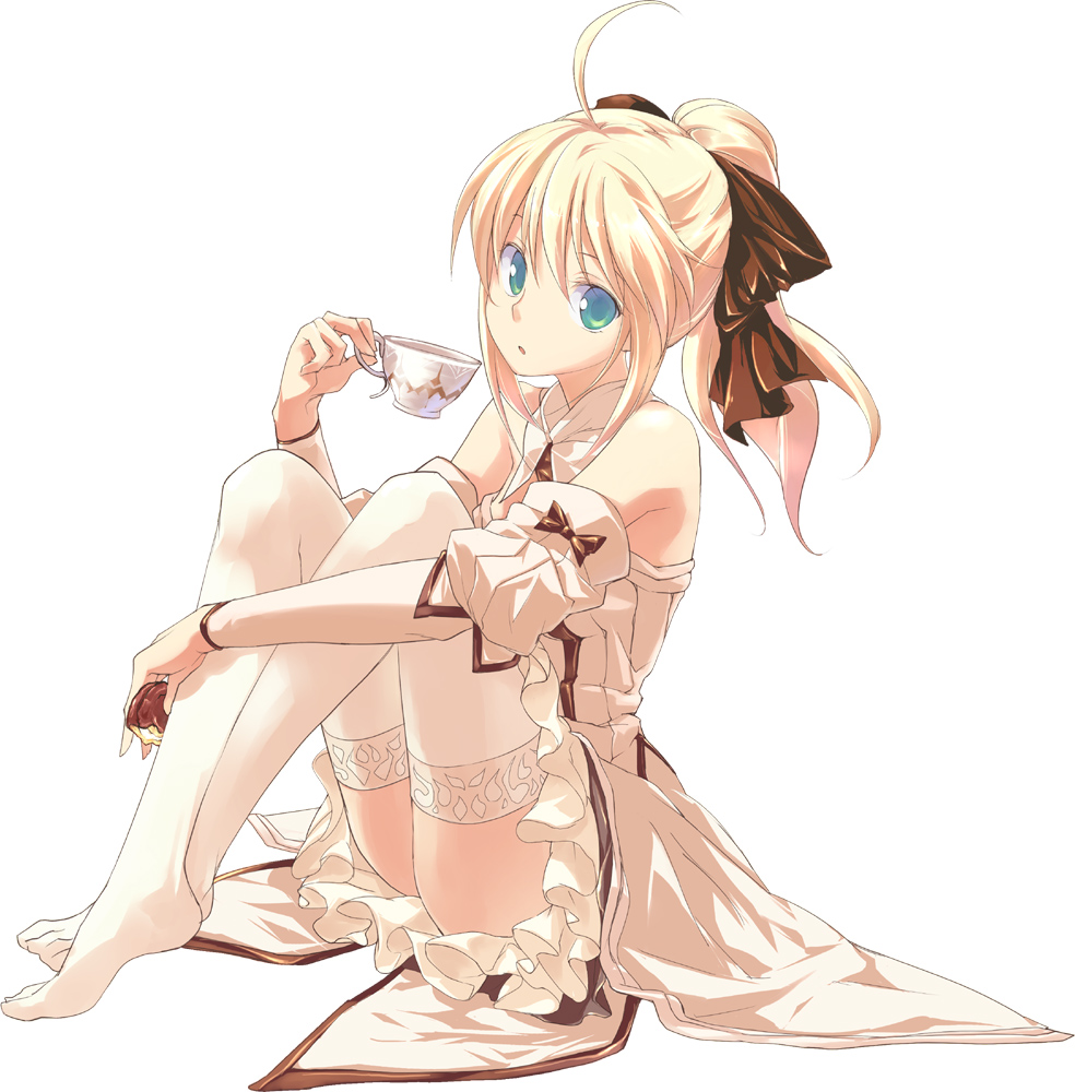 dorago, artoria pendragon (fate), saber (fate), saber lily, capcom, fate/stay night, fate/unlimited codes, fate (series), lace-trimmed legwear, 00s, 1girl, ahoge, bare shoulders, blonde hair, bow, cookie, cup, detached sleeves, feet, female focus, food, frills, green eyes, hair bow, hair ribbon, hugging own legs, lace, lace trim, long legs, looking at viewer, no shoes, ponytail, ribbon, simple background, sitting, solo, teacup, thighhighs, white background, white thighhighs