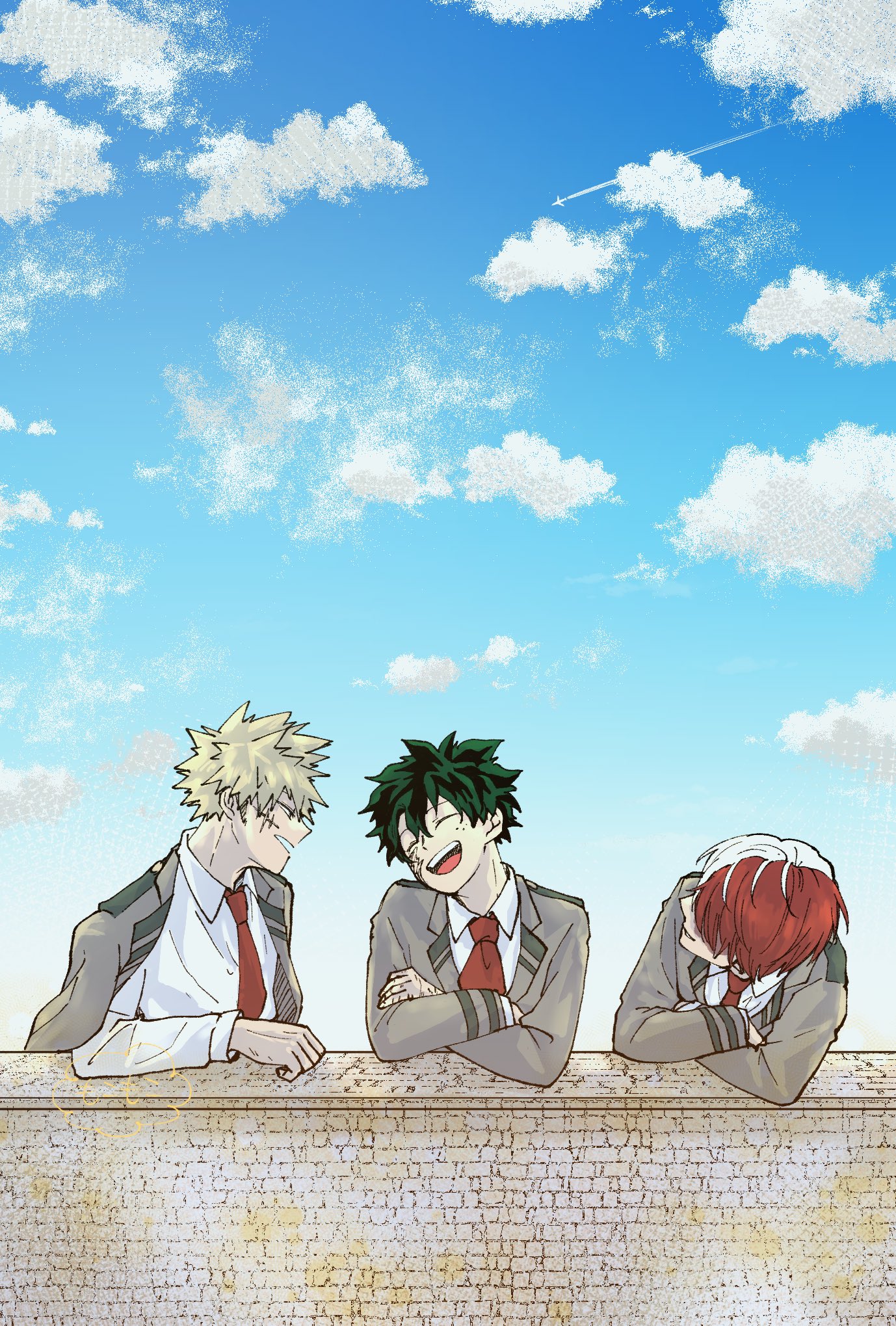 mocomocopicopi, bakugou katsuki, midoriya izuku, todoroki shoto, boku no hero academia, commentary request, highres, 3boys, blonde hair, blue sky, brick wall, closed eyes, cloud, cloudy sky, collared shirt, crossed arms, facial scar, freckles, green hair, grey jacket, hair between eyes, hair over eyes, jacket, jacket on shoulders, laughing, looking at another, male focus, multicolored hair, multiple boys, necktie, open mouth, parted lips, red hair, red necktie, scar, scar on cheek, scar on face, school uniform, shirt, short hair, sky, smile, spiked hair, suit jacket, two-tone hair, u.a. school uniform, upper body, white hair, white shirt