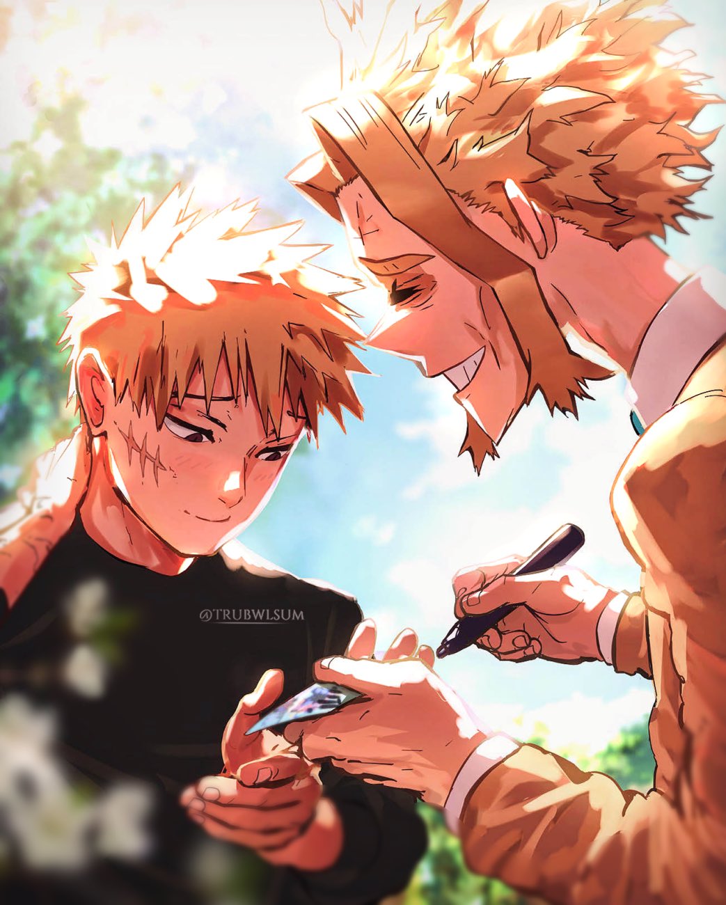 trubwlsum, all might, bakugou katsuki, boku no hero academia, commentary, english commentary, highres, 2boys, bags under eyes, black shirt, blonde hair, brown jacket, card, closed mouth, collared shirt, facial scar, grin, hand on own neck, holding, holding card, holding pen, jacket, layered sleeves, long sleeves, male focus, multiple boys, outdoors, pen, scar, scar on arm, scar on cheek, scar on face, shirt, short hair, sky, smile, teeth, tree, white shirt