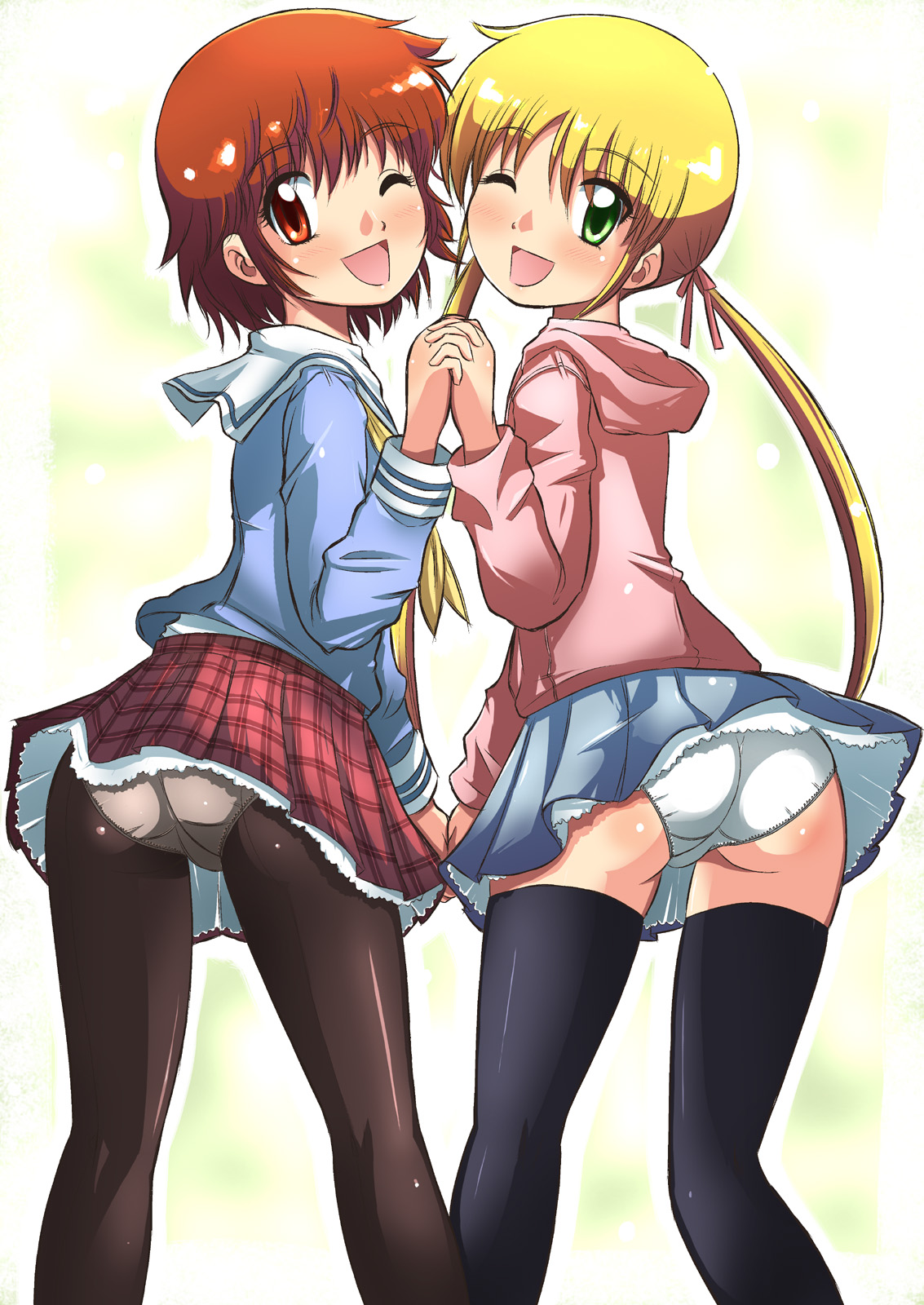 4040 (abonriya), akashi kaoru, sanzen'in nagi, hayate no gotoku!, shounen sunday, zettai karen children, highres, 00s, 2girls, ass, back, black thighhighs, blonde hair, blush, company connection, crossover, from behind, green eyes, hair ribbon, holding hands, hood, hoodie, interlocked fingers, loli, long hair, looking back, miniskirt, multiple girls, one eye closed, panties, panties under pantyhose, pantyhose, pantyshot, petticoat, plaid clothes, plaid skirt, red eyes, red hair, ribbon, school uniform, serafuku, short hair, skirt, smile, standing, symmetrical hand pose, symmetry, thighhighs, twintails, underwear, upskirt, white panties, wink