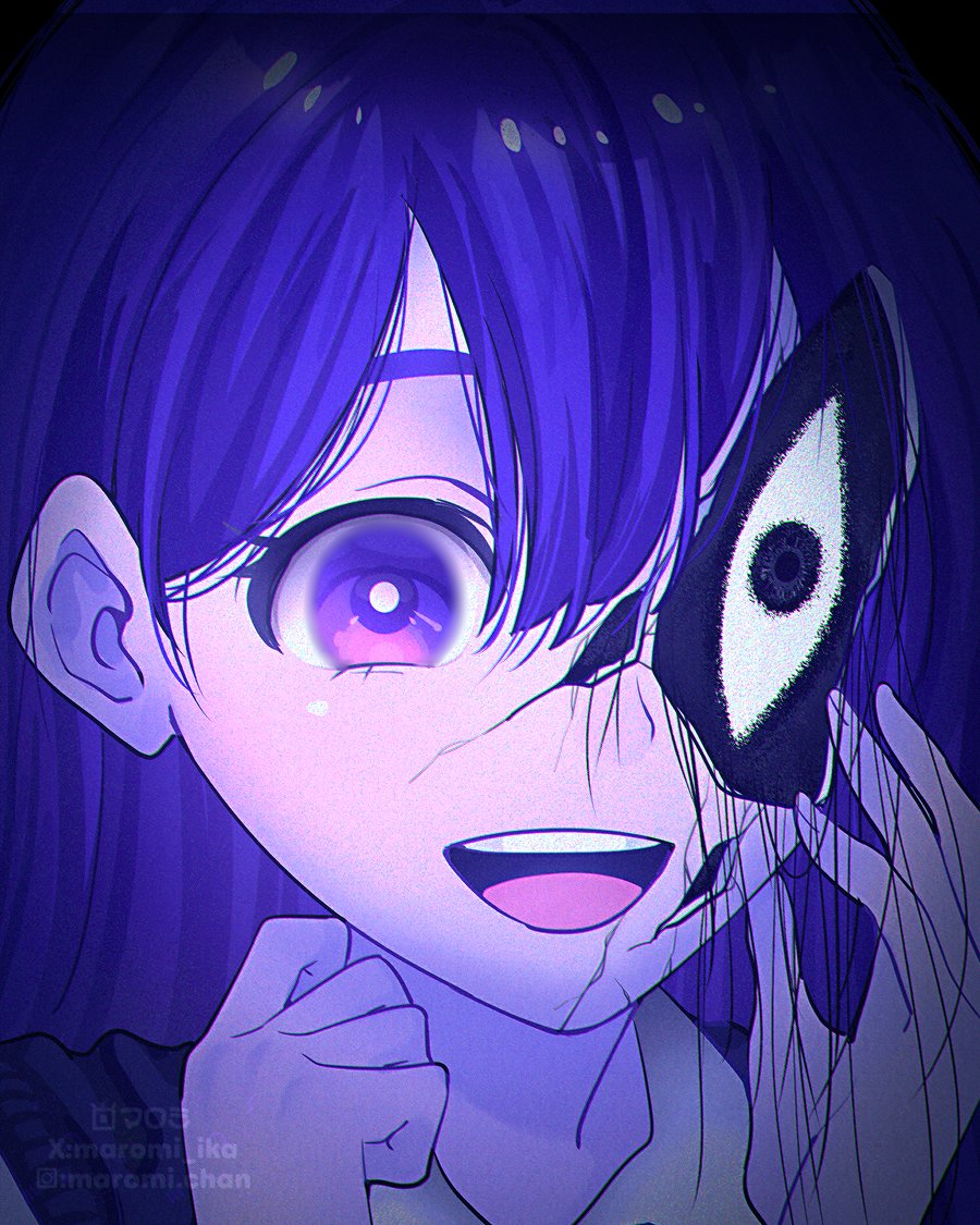 maromichan, mari (omori), something (omori), omori, spoilers, 1girl, arms up, black background, blue hair, broken mask, cracked kawaii mask, cracked mask, eyelashes, long hair, mask, mismatched eyes, open mouth, parted bangs, purple eyes, smile, teeth, tongue, twitter username, upper teeth only, watermark, wide-eyed