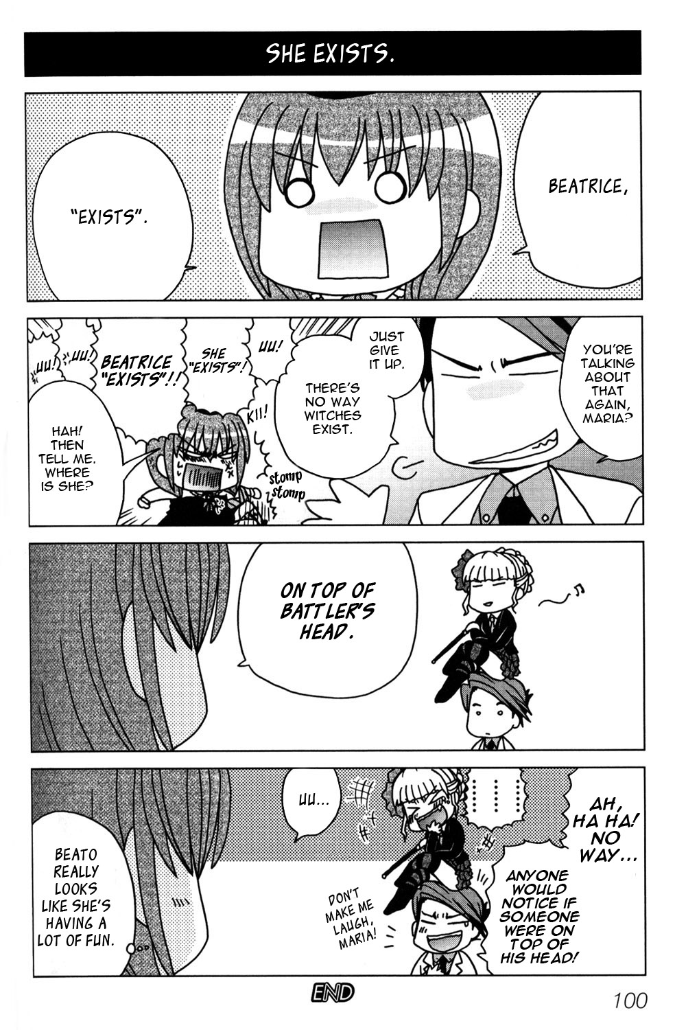 beatrice (umineko), ushiromiya battler, ushiromiya maria, umineko no naku koro ni, hard-translated, highres, third-party edit, translated, 00s, 1girl, 2boys, 4koma, comic, english text, greyscale, monochrome, multiple boys, uu~