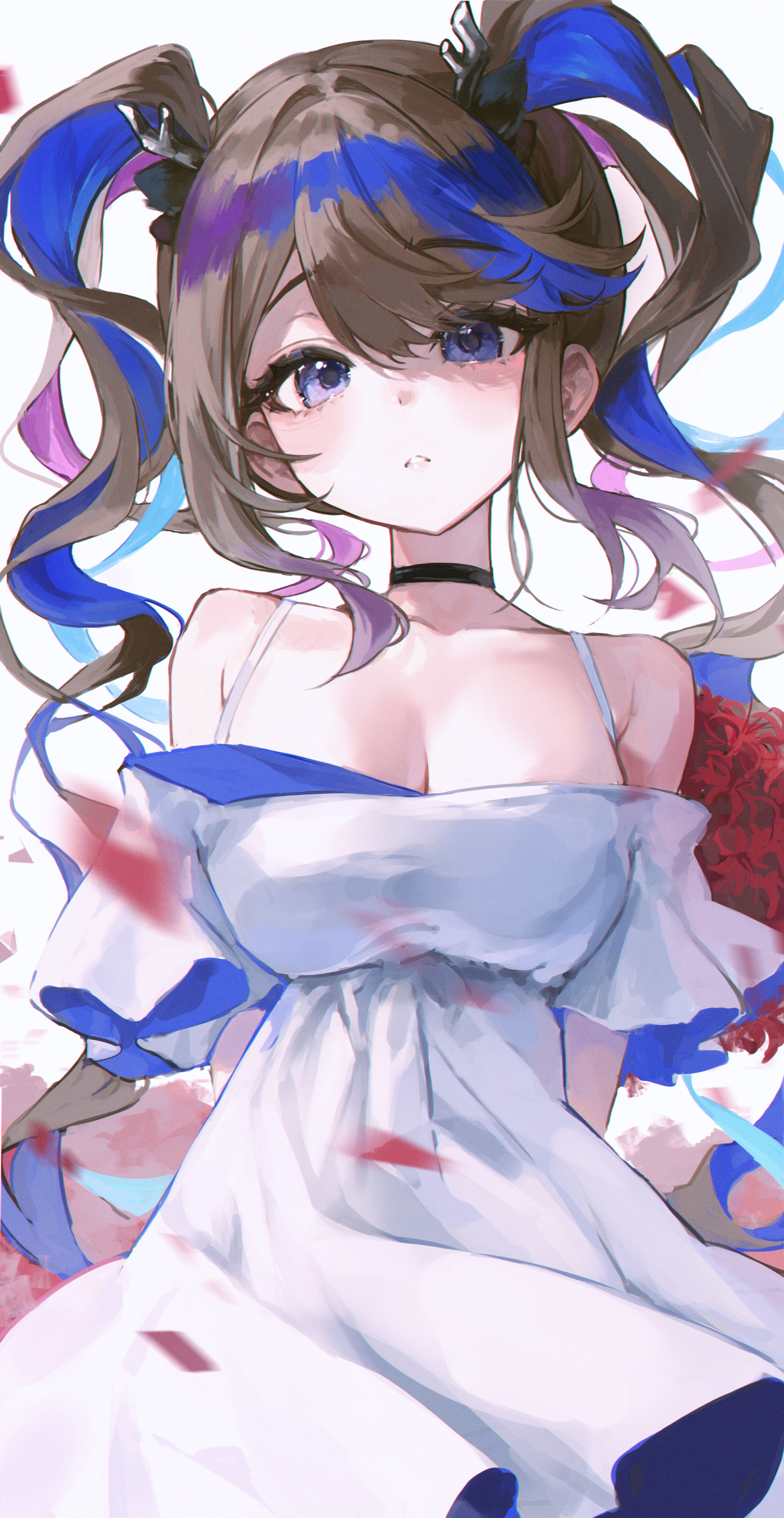 bbeedol, airi kanna, stellive, absurdres, commentary, english commentary, highres, 1girl, antler ornament, bare shoulders, black choker, blue eyes, blue hair, breasts, brown hair, choker, cleavage, dress, hair ornament, long hair, looking at viewer, medium breasts, multicolored hair, off-shoulder dress, off shoulder, pink hair, sidelocks, simple background, solo, streaked hair, swept bangs, twintails, virtual youtuber, white background, white dress