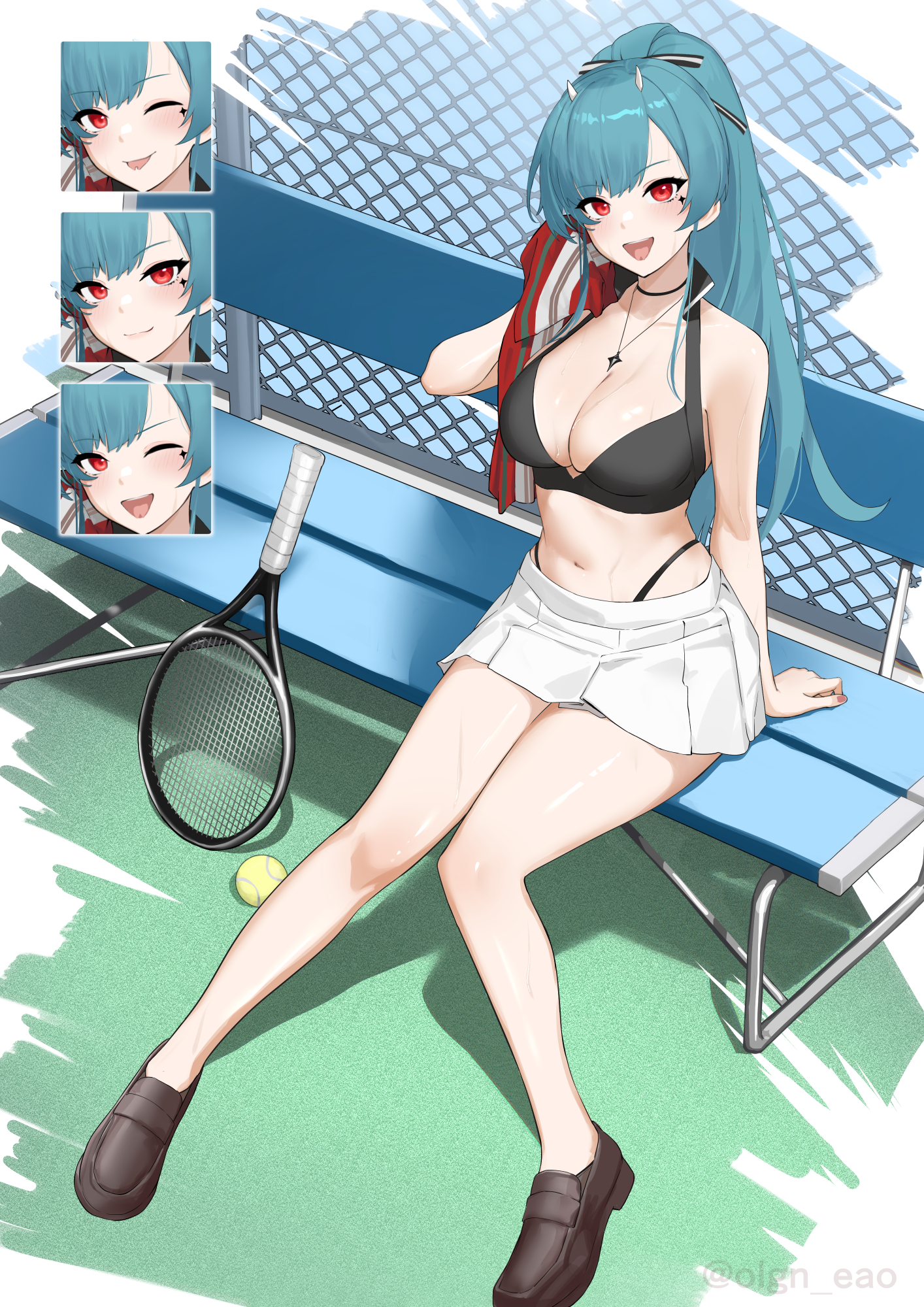 oregano (olgn eao), marco polo (azur lane), azur lane, commentary request, highres, 1girl, :d, ball, black panties, black shoes, black sports bra, blue hair, blush, breasts, cleavage, cross, cross necklace, expression chart, facial mark, highleg, highleg panties, holding, holding towel, horns, jewelry, large breasts, long hair, midriff, necklace, on bench, one eye closed, open mouth, panties, pleated skirt, ponytail, racket, red eyes, shoes, sitting, skirt, smile, solo, sports bra, tennis ball, tennis racket, tongue, tongue out, towel, underwear, white skirt