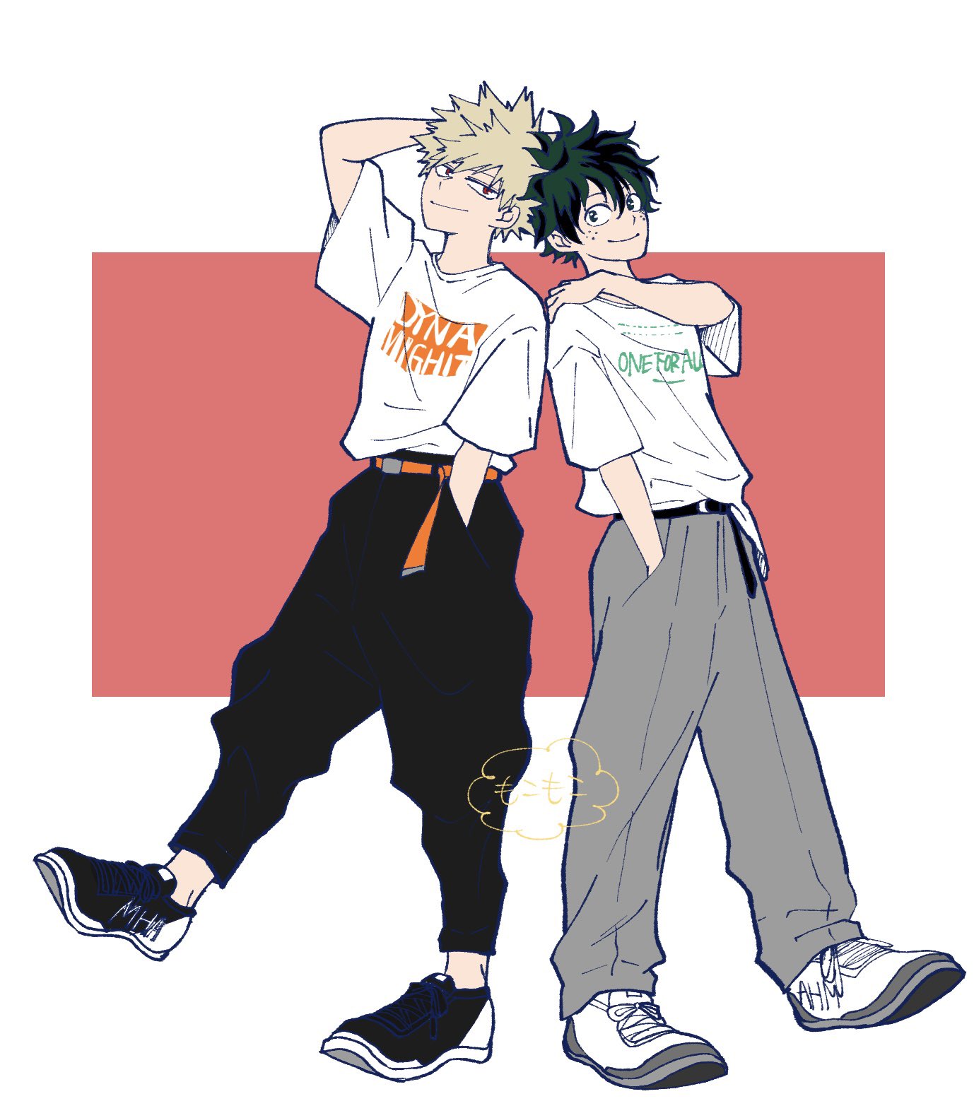 mocomocopicopi, bakugou katsuki, midoriya izuku, boku no hero academia, commentary request, highres, 2boys, arm behind head, baggy pants, belt, black belt, black pants, black shoes, blonde hair, border, closed mouth, freckles, full body, green hair, grey pants, hair between eyes, hand in pocket, hand on own shoulder, male focus, multiple boys, orange belt, pants, pink background, print shirt, red eyes, shirt, shoes, short hair, smile, sneakers, spiked hair, t-shirt, white border, white shirt, white shoes
