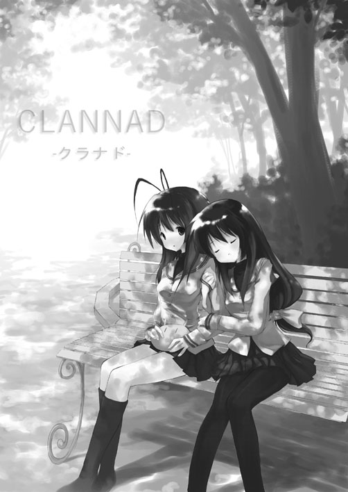 ritsuki, furukawa nagisa, ibuki fuuko, clannad, bad id, bad pixiv id, 00s, antenna hair, arm hug, bench, greyscale, long hair, monochrome, pantyhose, school uniform, sitting, sleeping
