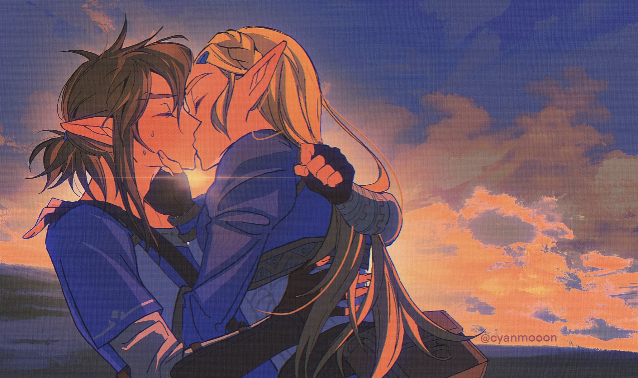 shuo yue, link, princess zelda, nintendo, the legend of zelda, the legend of zelda: breath of the wild, commentary request, highres, 1boy, 1girl, arm around back, black gloves, blonde hair, blue shirt, blue tunic, braid, closed eyes, couple, crown braid, fingerless gloves, gloves, hair between eyes, hand in another's hair, hand on another's neck, hetero, juliet sleeves, kiss, long hair, long sleeves, medium hair, parted bangs, pointy ears, ponytail, puffy sleeves, shirt, sidelocks, sunset, sweat, tunic, twitter username, upper body