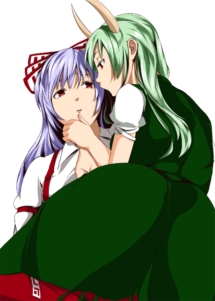 kirieppa, ex-keine, fujiwara no mokou, kamishirasawa keine, touhou, bad id, bad pixiv id, 2girls, dress, female focus, green dress, green hair, long sleeves, multiple girls, parted lips, puffy short sleeves, puffy sleeves, red eyes, short sleeves, simple background, white background, yuri