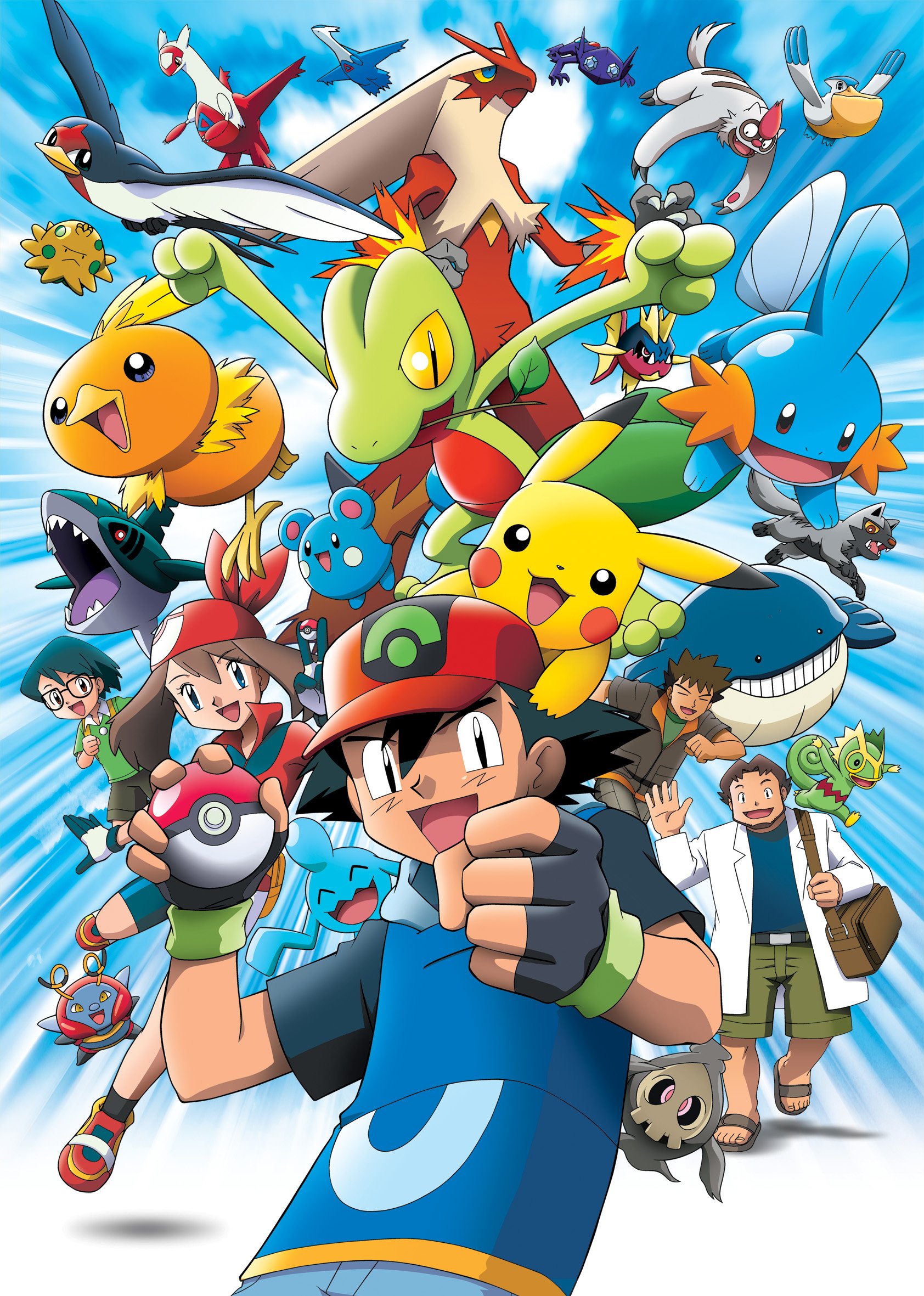 ash ketchum, azurill, blaziken, brock (pokemon), carvanha, duskull, kecleon, latias, latios, max (pokemon), may (pokemon), mudkip, pelipper, poochyena, professor birch, sableye, sharpedo, shroomish, taillow, torchic, treecko, vigoroth, volbeat, wailmer, wynaut, nintendo, pokemon, pokemon (anime), pokemon rse (anime), artist request, highres, key visual, official art, promotional art, third-party source, 1girl, 4boys, = =, ^ ^, aqua eyes, bag, bandana, baseball cap, beard, belt, bird, black-framed eyewear, black belt, black gloves, black hair, black sclera, black shirt, black socks, blue eyes, blue hoodie, blue sky, brown bag, brown eyes, brown hair, brown jacket, brown sandals, clenched hand, closed eyes, closed mouth, cloud, collared shirt, colored sclera, eyelashes, facial hair, fangs, fingerless gloves, fire, flying, gen 3 pokemon, glasses, gloves, green shirt, green shorts, grey shorts, handbag, hat, holding, holding poke ball, holding strap, hood, hoodie, jacket, lab coat, leaf, legendary pokemon, medium hair, multiple boys, open clothes, open jacket, open mouth, poke ball, poke ball (basic), pokemon (creature), red bandana, red hat, red shirt, red shoes, sandals, shirt, shoes, short hair, short sleeves, shorts, sky, sleeveless, sleeveless hoodie, smile, socks, spiked hair, starter pokemon trio, stick, teeth, v, waving, white gloves, white jacket, yellow eyes, yellow sclera