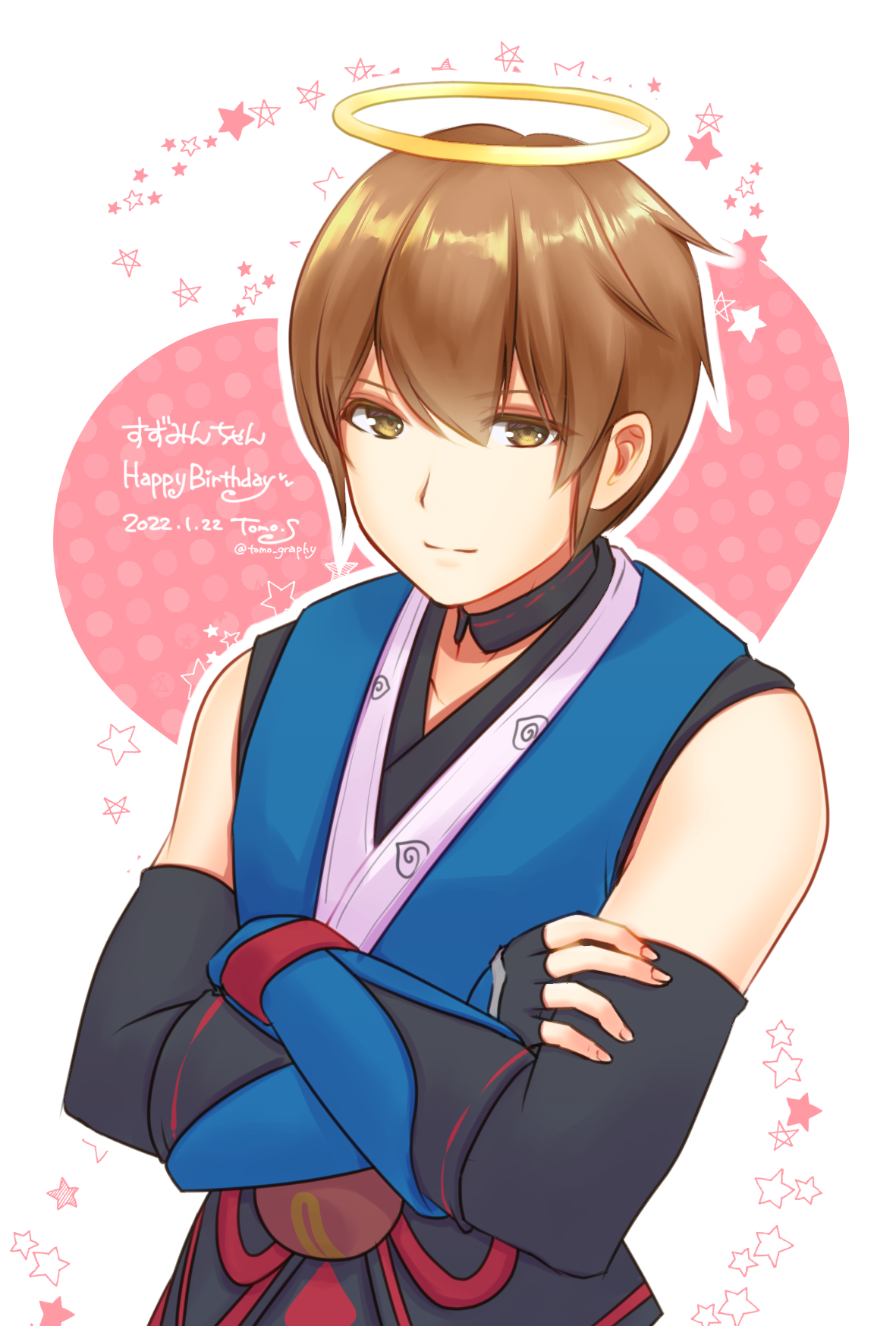 sakuraji tomoka, star gladiator (ragnarok online), ragnarok masters, ragnarok online, commentary request, highres, 1boy, alternate color, black collar, black gloves, blue shirt, brown eyes, brown hair, closed mouth, collar, detached collar, elbow gloves, fingerless gloves, gloves, halo, looking at viewer, male focus, shirt, sleeveless, sleeveless shirt, smile, solo, star (symbol), traditional halo, upper body, white background, yellow halo