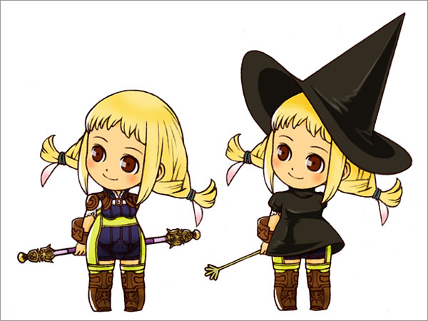 minami ryou, black mage (final fantasy), penelo, final fantasy, final fantasy xii, brown footwear, md5 mismatch, 00s, 1girl, blush, boots, chibi, dual persona, hat, looking at viewer, red eyes, rod, simple background, standing, thighhighs, wand, white background, witch hat