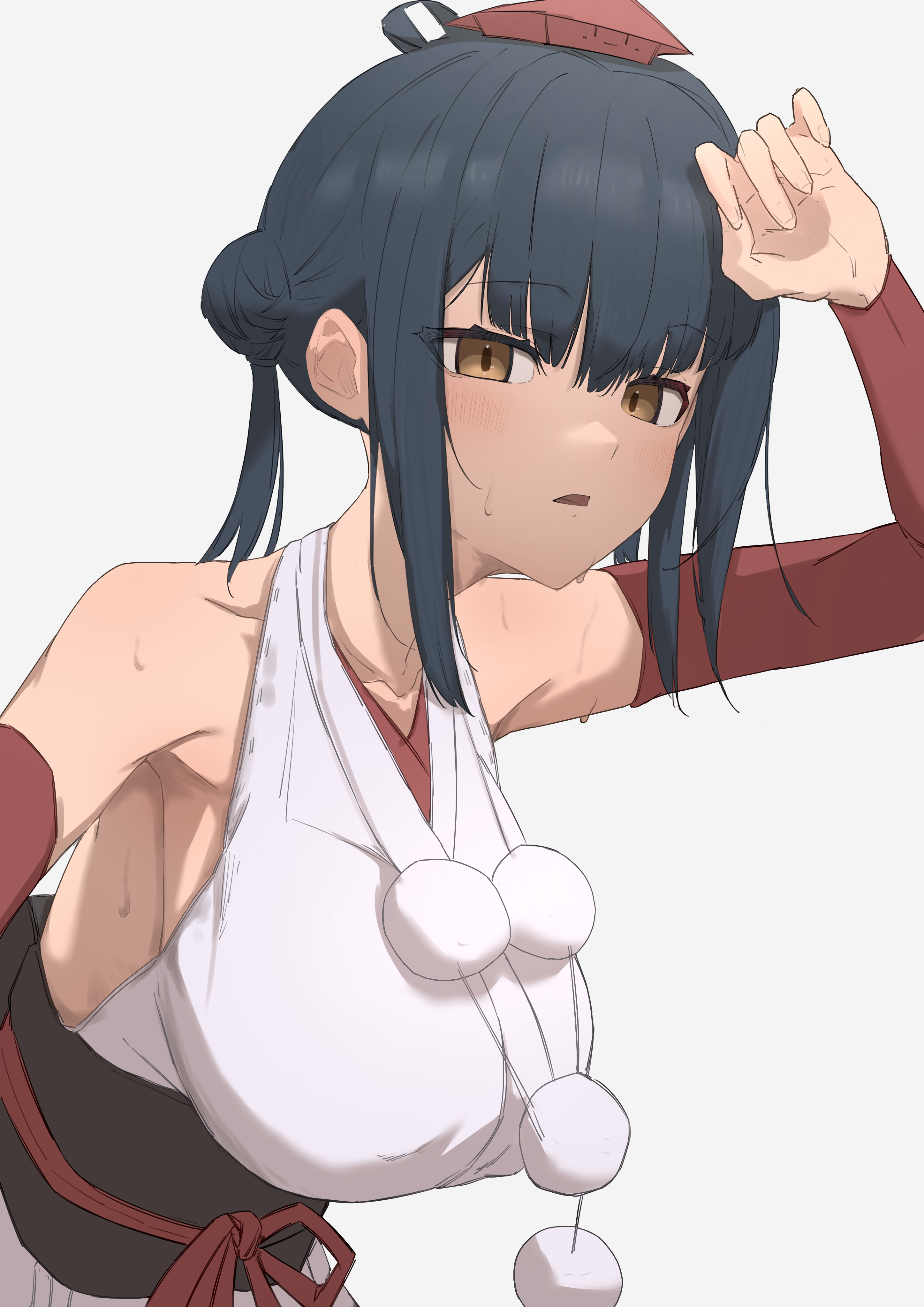 kaekae kaeru, yamagami karuta, yamagami karuta (1st costume), nijisanji, absurdres, commentary request, highres, 1girl, backless kimono, bare shoulders, black hair, black sash, breasts, brown eyes, detached sleeves, double bun, grey background, hair bun, hand up, hanging breasts, hat, japanese clothes, kimono, large breasts, leaning forward, leotard, looking at viewer, medium hair, obi, obijime, pom pom (clothes), purple leotard, red hat, red sleeves, sash, side up bun, sideless kimono, simple background, sleeveless, sleeveless kimono, solo, sweat, tokin hat, twintails, twintails with hair base, upper body, very sweaty, virtual youtuber, white kimono, wiping sweat