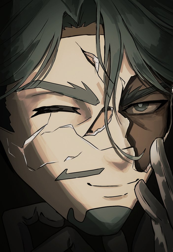 zerozany, challia bull, gundam, gundam gquuuuuux, 1boy, black background, broken mask, closed eyes, closed mouth, cracked kawaii mask, cracked mask, facial hair, frown, goatee, grey eyes, grey hair, hand on own face, looking at viewer, male focus, mask, parted hair, portrait, solo