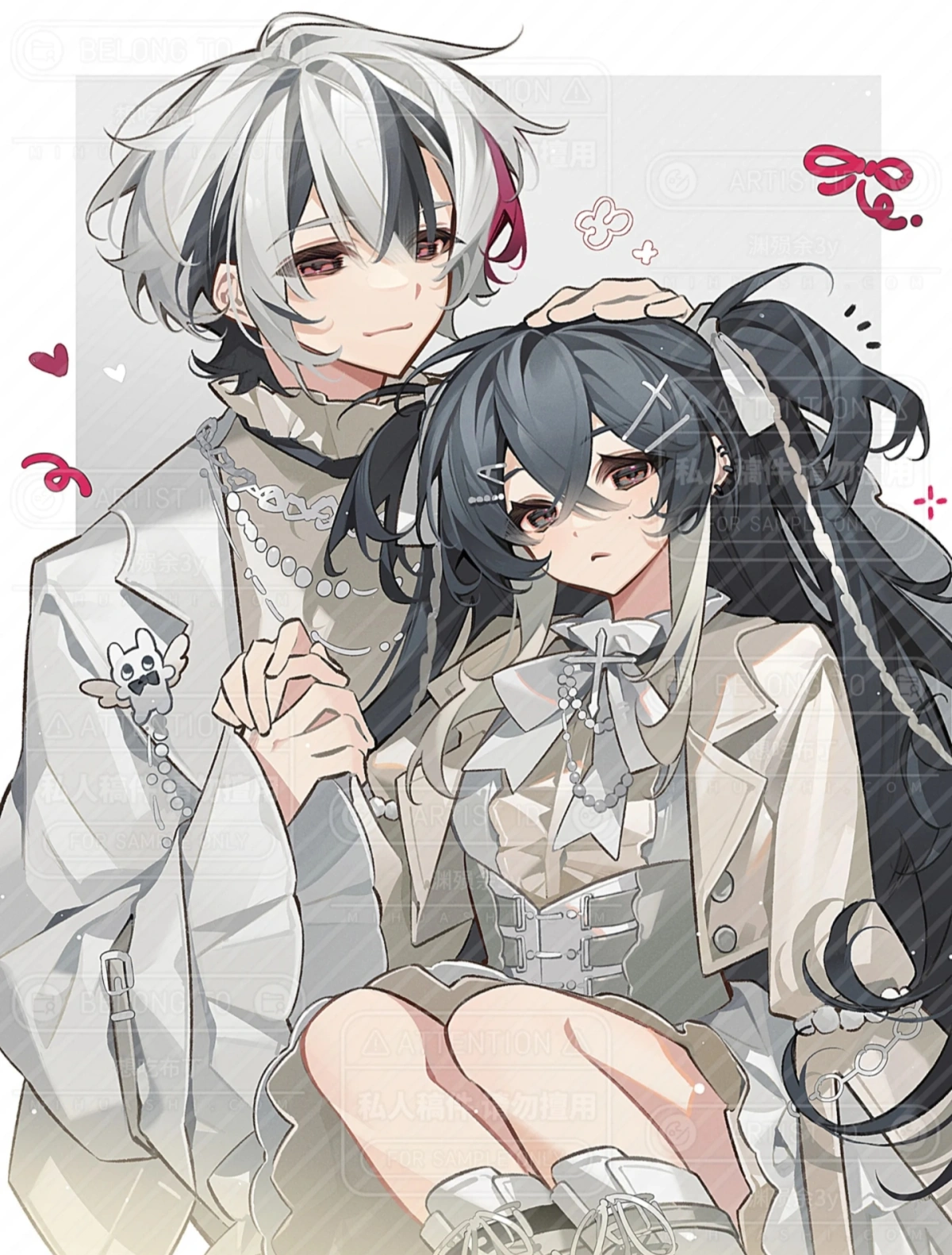 yuanyunyu 3y, highres, non-web source, 1boy, 1girl, black hair, blush, brown eyes, hair between eyes, hair ornament, long sleeves, looking at viewer, multicolored hair, red eyes, shirt, sitting, smile, white hair