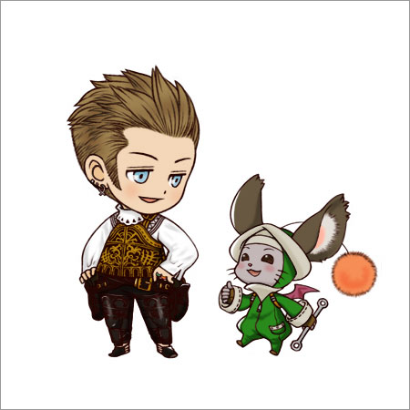 minami ryou, balflear, moogle, nono (ivalice alliance), final fantasy, final fantasy xii, ivalice alliance, lowres, md5 mismatch, 00s, 1boy, animal ears, belt, black pants, blonde hair, blue eyes, chibi, chibikemo, earrings, jewelry, male focus, pants, rabbit ears, ring, short hair, simple background, tools, vest, white background, wrench