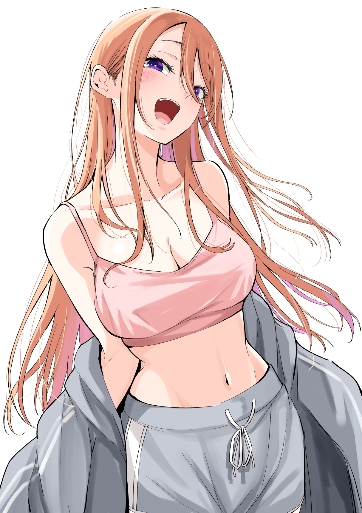 attsun (atsushi jb), original, commentary request, highres, 1girl, bare shoulders, breasts, cleavage, clothes down, collarbone, cowboy shot, grey jacket, grey shorts, jacket, large breasts, long hair, looking at viewer, midriff, navel, open mouth, orange hair, purple eyes, shorts, simple background, smile, solo, spaghetti strap, teeth, upper teeth only, white background