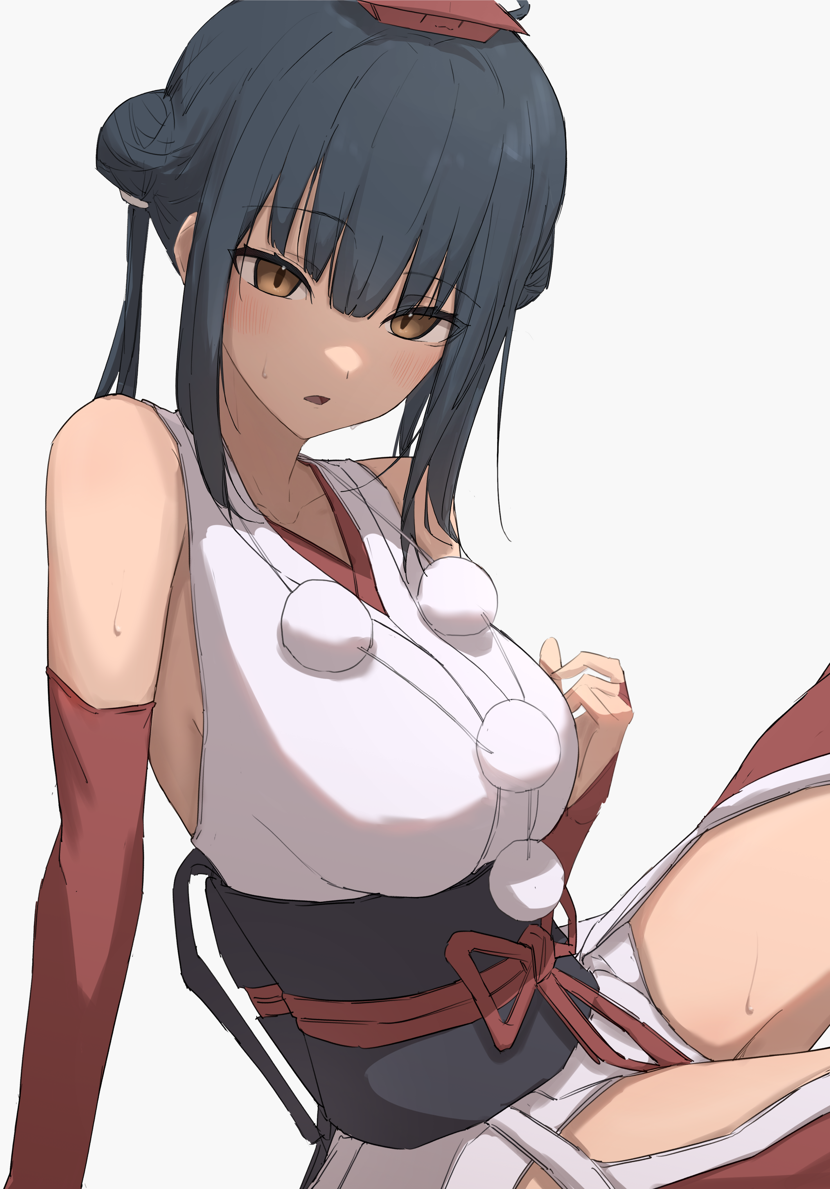 kaekae kaeru, yamagami karuta, yamagami karuta (1st costume), nijisanji, absurdres, commentary request, highres, 1girl, arm support, bare shoulders, black hair, black sash, breasts, bridal gauntlets, brown eyes, clothing cutout, double bun, grey background, groin tendon, hair bun, hakama, hakama pants, hand on own chest, hat, hip vent, japanese clothes, kimono, large breasts, looking at viewer, medium hair, obi, obijime, pants, parted lips, pom pom (clothes), raised eyebrow, red bridal gauntlets, red hakama, red hat, red pants, sash, short kimono, side up bun, simple background, sitting, sleeveless, sleeveless kimono, solo, sweat, tokin hat, twintails, twintails with hair base, very sweaty, virtual youtuber, white kimono