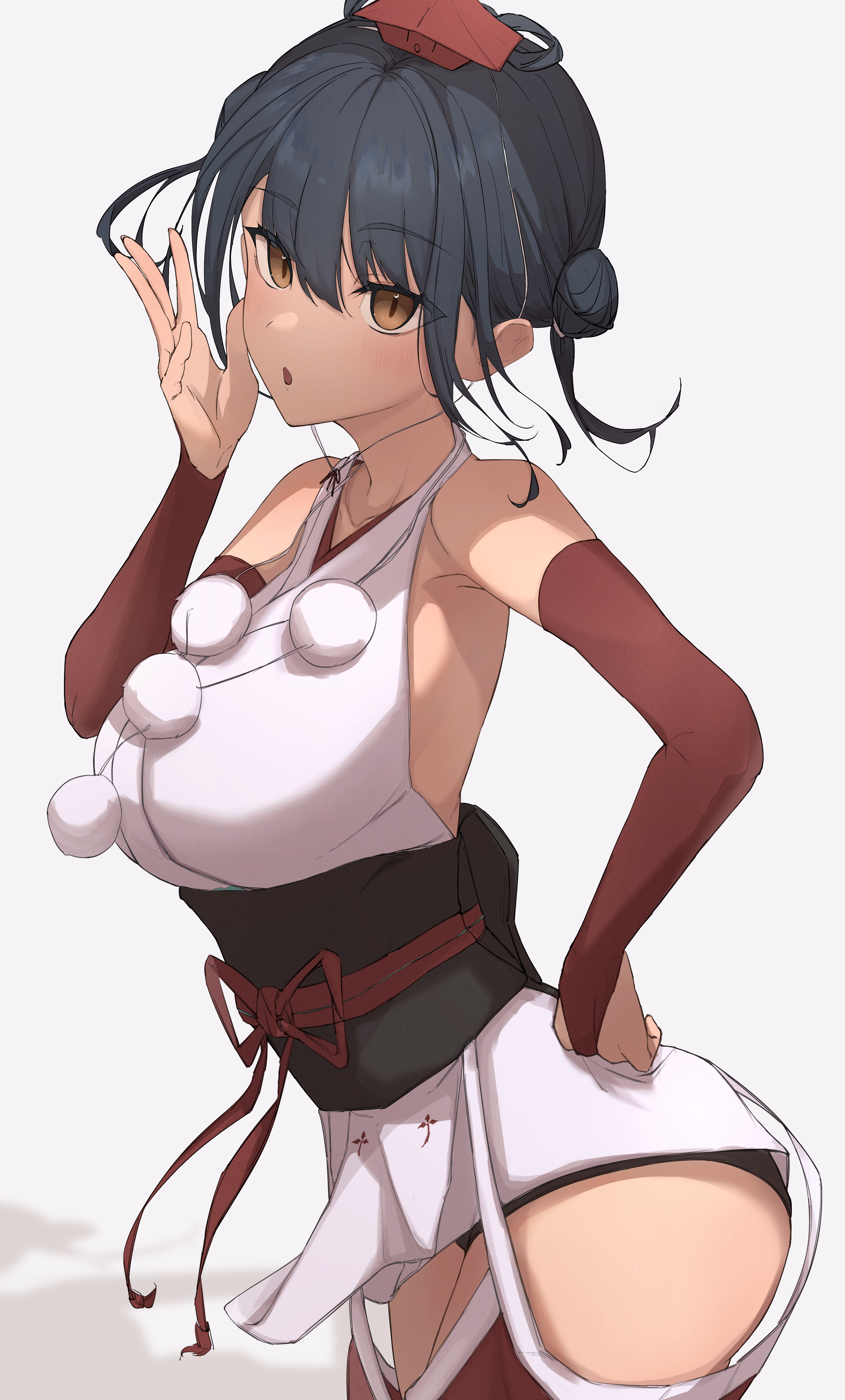 kaekae kaeru, yamagami karuta, yamagami karuta (1st costume), nijisanji, absurdres, commentary request, highres, 1girl, :o, arched back, backless kimono, bare shoulders, black hair, black panties, black sash, breasts, bridal gauntlets, brown eyes, chinstrap, clothing cutout, double bun, elbow gloves, gloves, grey background, hair bun, hakama, hakama pants, hand on own hip, hand up, hat, hip vent, japanese clothes, jewelry, kimono, large breasts, looking at viewer, medium hair, necklace, obi, obijime, open mouth, panties, pants, pom pom (clothes), raised eyebrows, red bridal gauntlets, red hakama, red hat, red pants, sash, short kimono, simple background, sleeveless, sleeveless kimono, slit pupils, solo, tokin hat, twintails, twintails with hair base, underwear, virtual youtuber, white background, white kimono