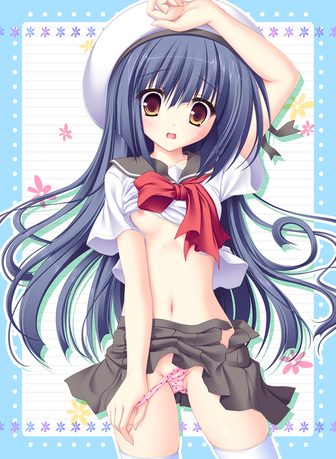 mikagami mamizu, yugamidani mai, aquarian age, bad id, bad pixiv id, 00s, 1girl, blush, breasts, clothes lift, female focus, hat, long hair, navel, nipple slip, nipples, no bra, open clothes, open mouth, open skirt, panties, panty pull, polka dot, polka dot panties, school uniform, shirt lift, skirt, solo, thighhighs, underwear, very long hair