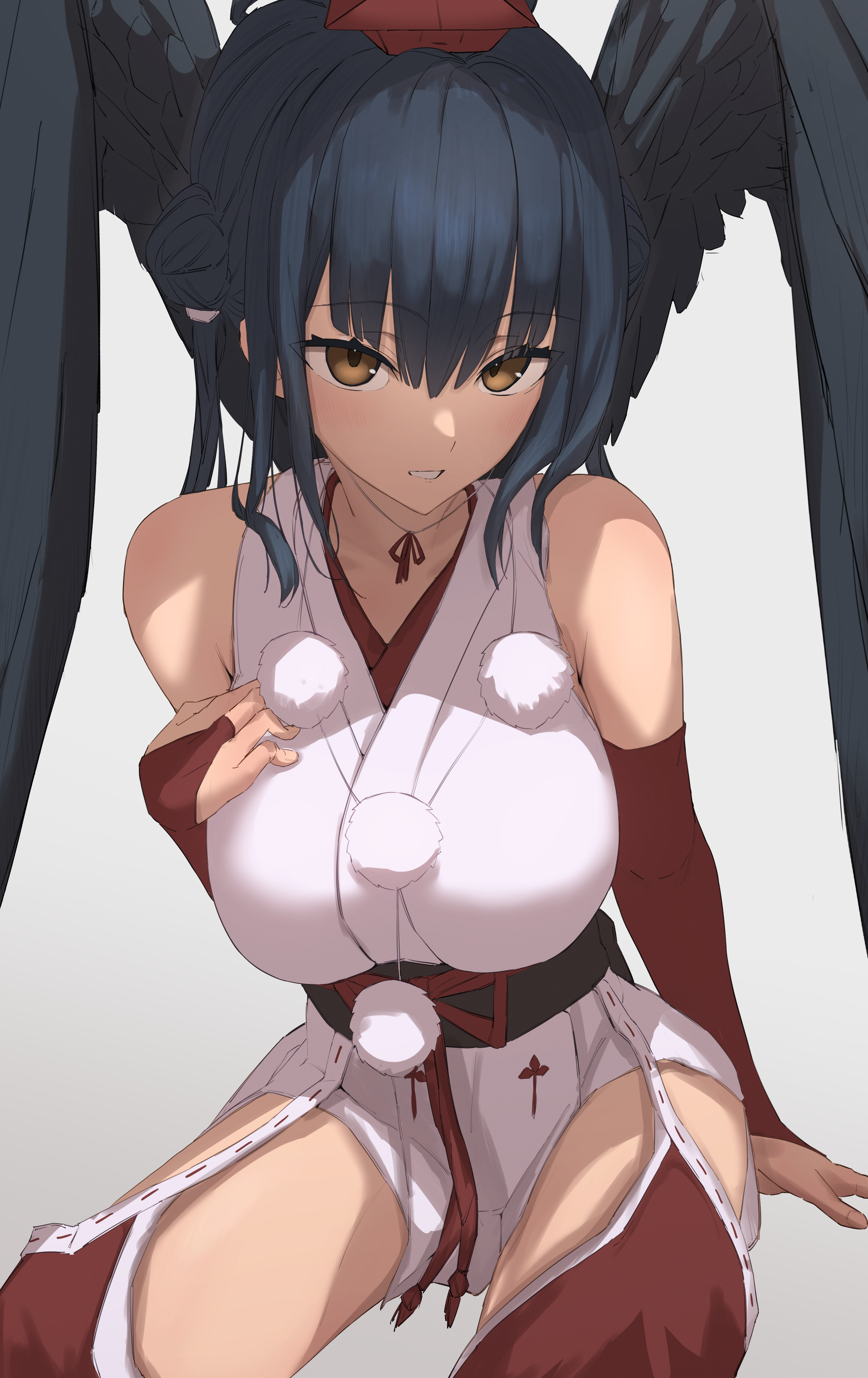kaekae kaeru, yamagami karuta, yamagami karuta (1st costume), nijisanji, absurdres, commentary request, highres, 1girl, arm support, bare shoulders, black hair, black sash, black wings, breasts, bridal gauntlets, brown eyes, chinstrap, clothing cutout, double bun, feathered wings, folded wings, grin, hair bun, hakama, hakama pants, hand on own chest, hat, hip vent, invisible chair, japanese clothes, kimono, large breasts, looking at viewer, obi, obijime, oversized wings, pants, pelvic curtain, pom pom (clothes), red bridal gauntlets, red hakama, red hat, red pants, sash, short kimono, side up bun, sitting, sleeveless, sleeveless kimono, smile, solo, tengu, tokin hat, twintails, twintails with hair base, virtual youtuber, white kimono, wings