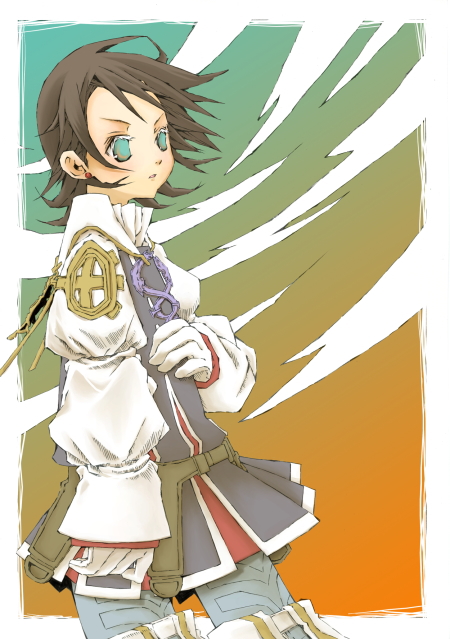 emihiko, larsa ferrinas solidor, final fantasy, final fantasy xii, looking away, 00s, 1boy, androgynous, arm at side, bad anatomy, belt, boots, brown hair, colored eyelashes, cowboy shot, earrings, empty eyes, gloves, gradient background, hand on own chest, jewelry, long sleeves, male focus, pteruges, sleeve garter, solo, standing, stud earrings, thigh boots, thighhighs, white gloves