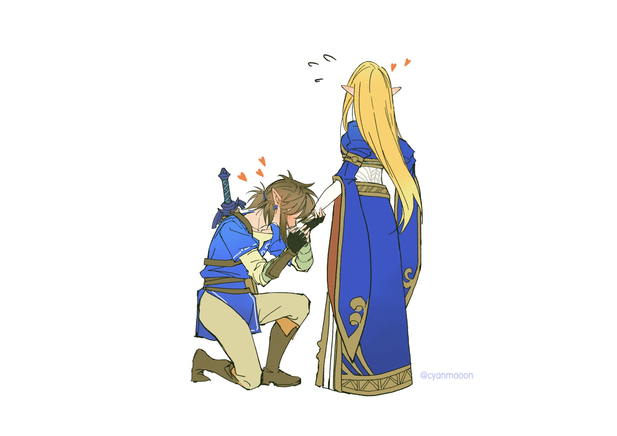 shuo yue, link, princess zelda, nintendo, the legend of zelda, the legend of zelda: breath of the wild, commentary request, highres, 1boy, 1girl, black gloves, blonde hair, blue dress, blush, boots, breasts, brown boots, couple, dress, earrings, fingerless gloves, flying sweatdrops, full body, gloves, gold trim, grey pants, hair over eyes, hair tie, hetero, jewelry, juliet sleeves, kiss, kissing hand, long dress, long hair, long sleeves, master sword, medium breasts, on one knee, pants, pointy ears, ponytail, puffy sleeves, royal guard set (zelda), shirt, short ponytail, sidelocks, sword, sword on back, twitter username, vambraces, weapon, weapon on back, white background, white shirt, wide sleeves