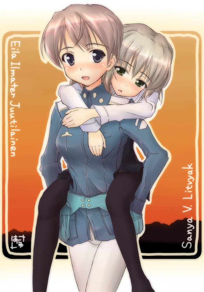 eila ilmatar juutilainen, sanya v. litvyak, hanyu, strike witches, world witches series, silver hair, 00s, 2girls, black pantyhose, blonde hair, blue eyes, blush, carrying, english text, green eyes, long hair, military, military uniform, multiple girls, pantyhose, piggyback, short hair, signature, smile, white pantyhose, yuri