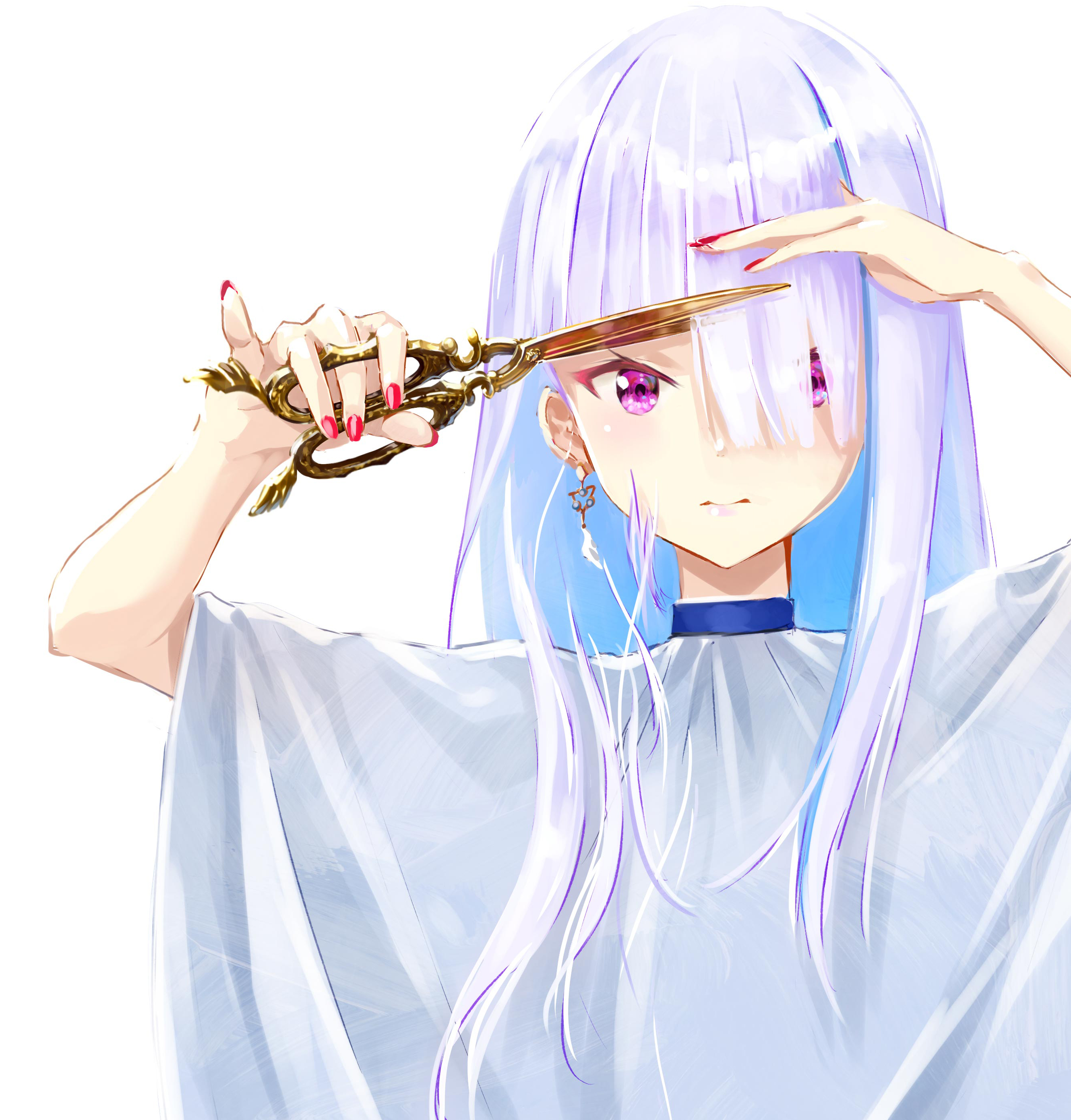 mafupen, lize helesta, nijisanji, absurdres, commentary request, cropped, highres, 1girl, arms up, asymmetrical bangs, barber cape, blue hair, blush, closed mouth, colored inner hair, cutting hair, cutting own hair, earrings, hair over one eye, holding, holding own hair, holding scissors, jewelry, lips, long bangs, long hair, looking at viewer, multicolored hair, nail polish, pinky out, purple eyes, red nails, scissors, severed hair, simple background, solo, straight-on, straight hair, streaked hair, two-tone hair, upper body, virtual youtuber, white background, white hair, white poncho