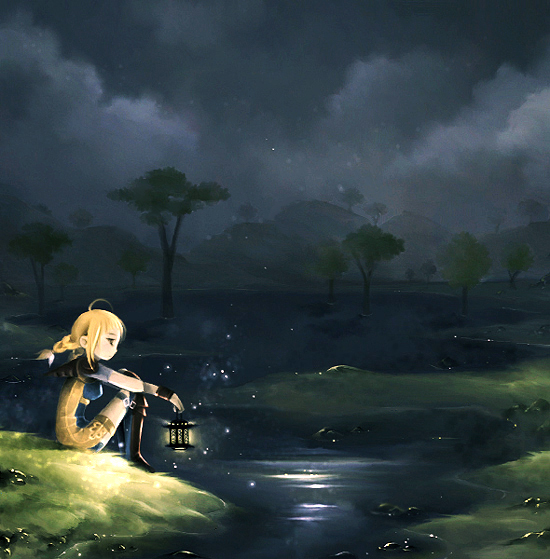 wednesday (myeongi), penelo, final fantasy, final fantasy xii, 00s, 1girl, ahoge, black boots, boots, braid, female focus, from side, jumpsuit, lantern, nature, night, outdoors, romper, sitting, sky, solo, tree, water