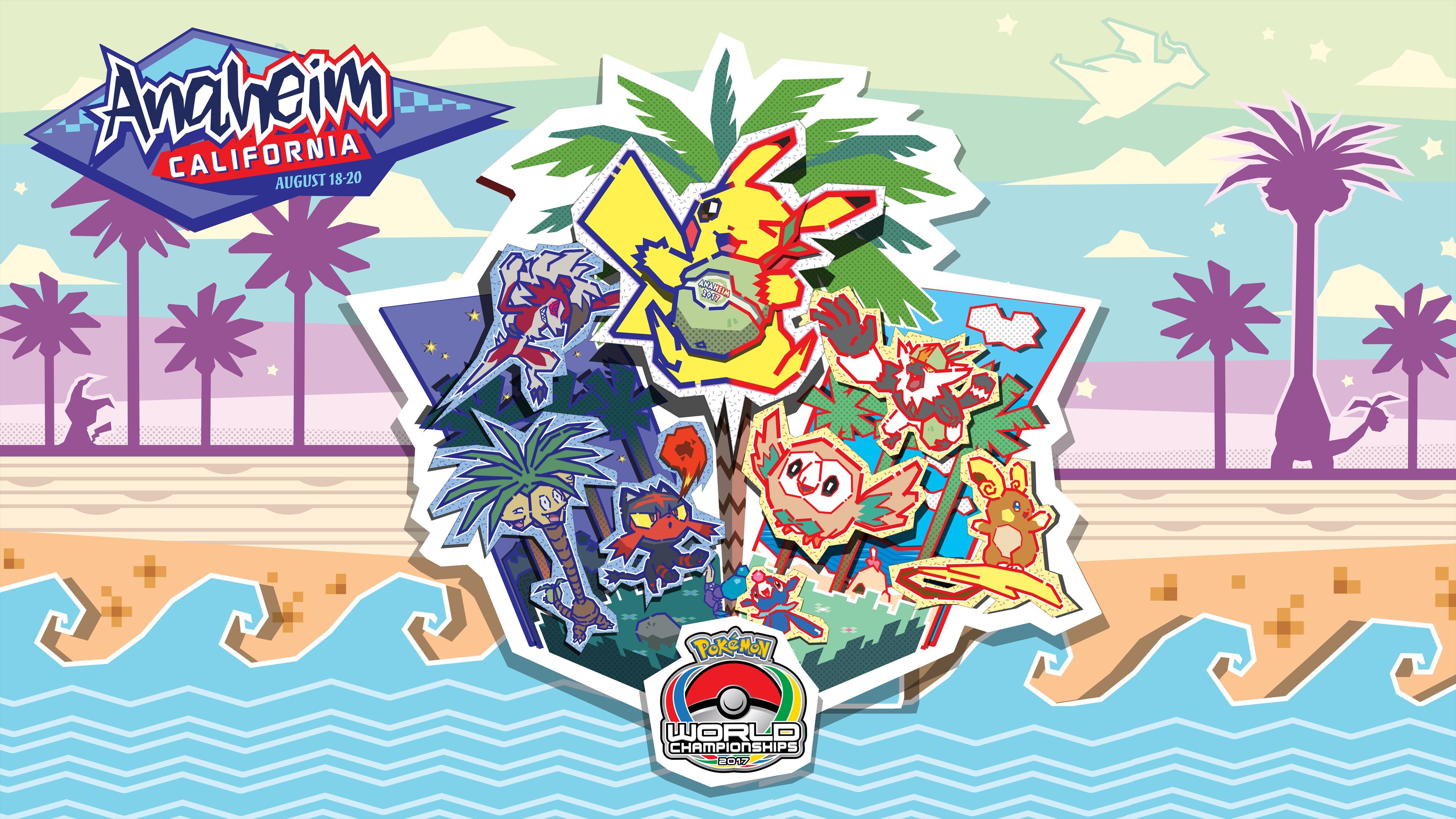 alolan exeggutor, alolan raichu, crabrawler, dragonite, litten, lycanroc, lycanroc (midnight), mimikyu, passimian, pikachu, popplio, rowlet, sandygast, nintendo, pokemon, pokemon world championships, absurdres, artist request, highres, key visual, official art, promotional art, third-party source, > o, 2017, alolan form, breath weapon, breathing fire, california, cloud, colored sclera, copyright logo, copyright name, day, fangs, fire, gen 1 pokemon, gen 7 pokemon, grass, holding, logo, long neck, multiple heads, night, no humans, one eye closed, open mouth, outline, outstretched arm, palm tree, place name, poke ball, poke ball (basic), pokemon (creature), pokemon focus, red eyes, red sclera, rock, sharp teeth, silhouette, smile, star (symbol), teeth, tree, waves, white outline, yellow sclera