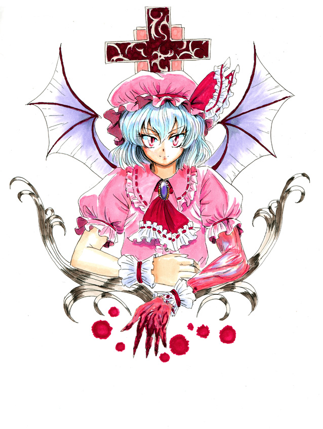 tsurui, remilia scarlet, touhou, 1girl, bat wings, blue hair, female focus, hat, muscular, red eyes, short hair, solo, vampire, white background, wings