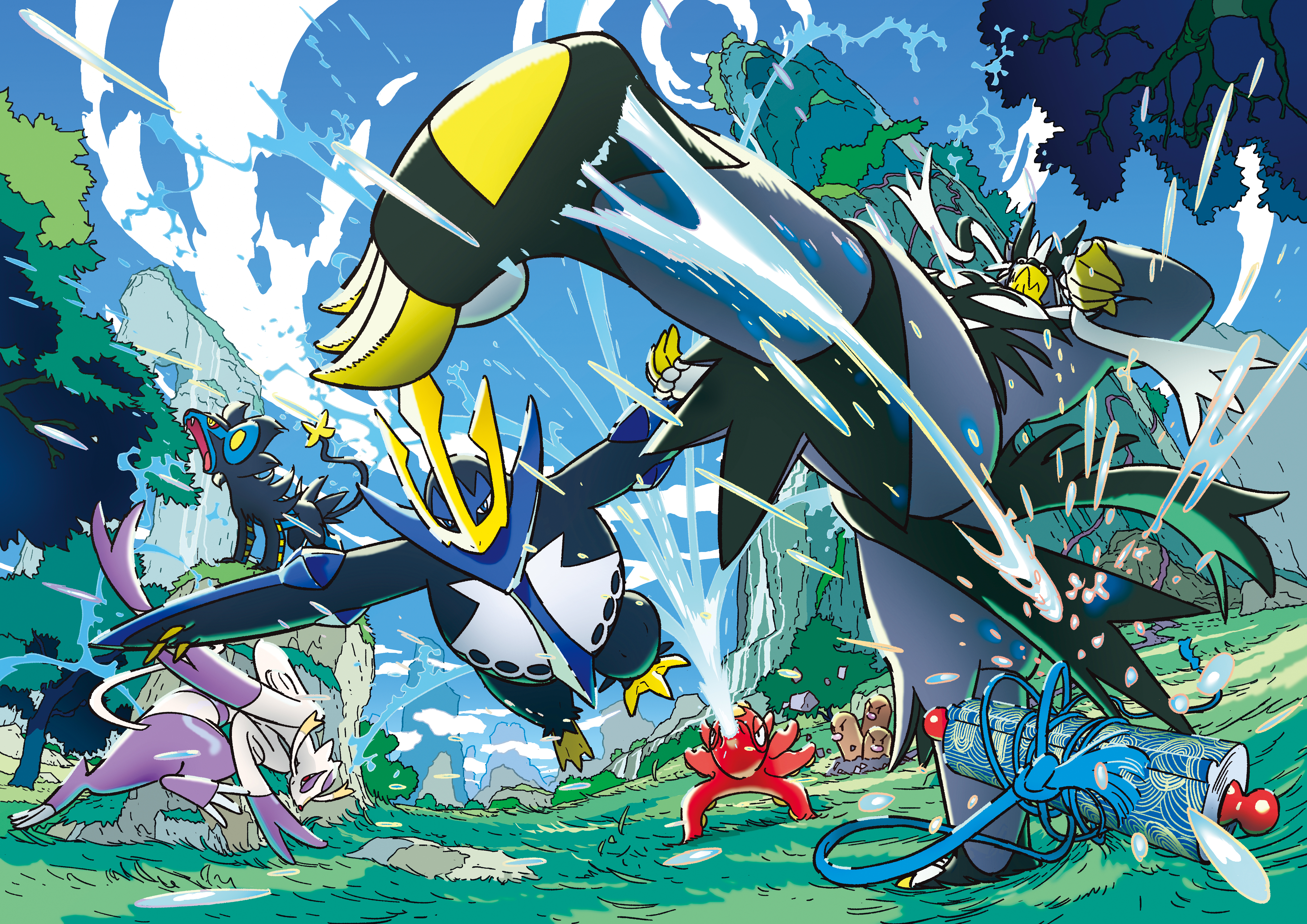 dugtrio, empoleon, luxray, mienshao, octillery, urshifu, urshifu (rapid), nintendo, pokemon, pokemon tcg, absurdres, artist request, highres, official art, third-party source, blue eyes, blue sky, claws, closed mouth, cloud, colored sclera, day, fangs, gen 1 pokemon, gen 2 pokemon, gen 4 pokemon, gen 5 pokemon, gen 8 pokemon, grass, high kick, kicking, legendary pokemon, nostrils, open mouth, outdoors, outstretched arms, pokemon (creature), pokemon focus, red eyes, red sclera, scroll, sky, spread arms, tree, water, yellow eyes