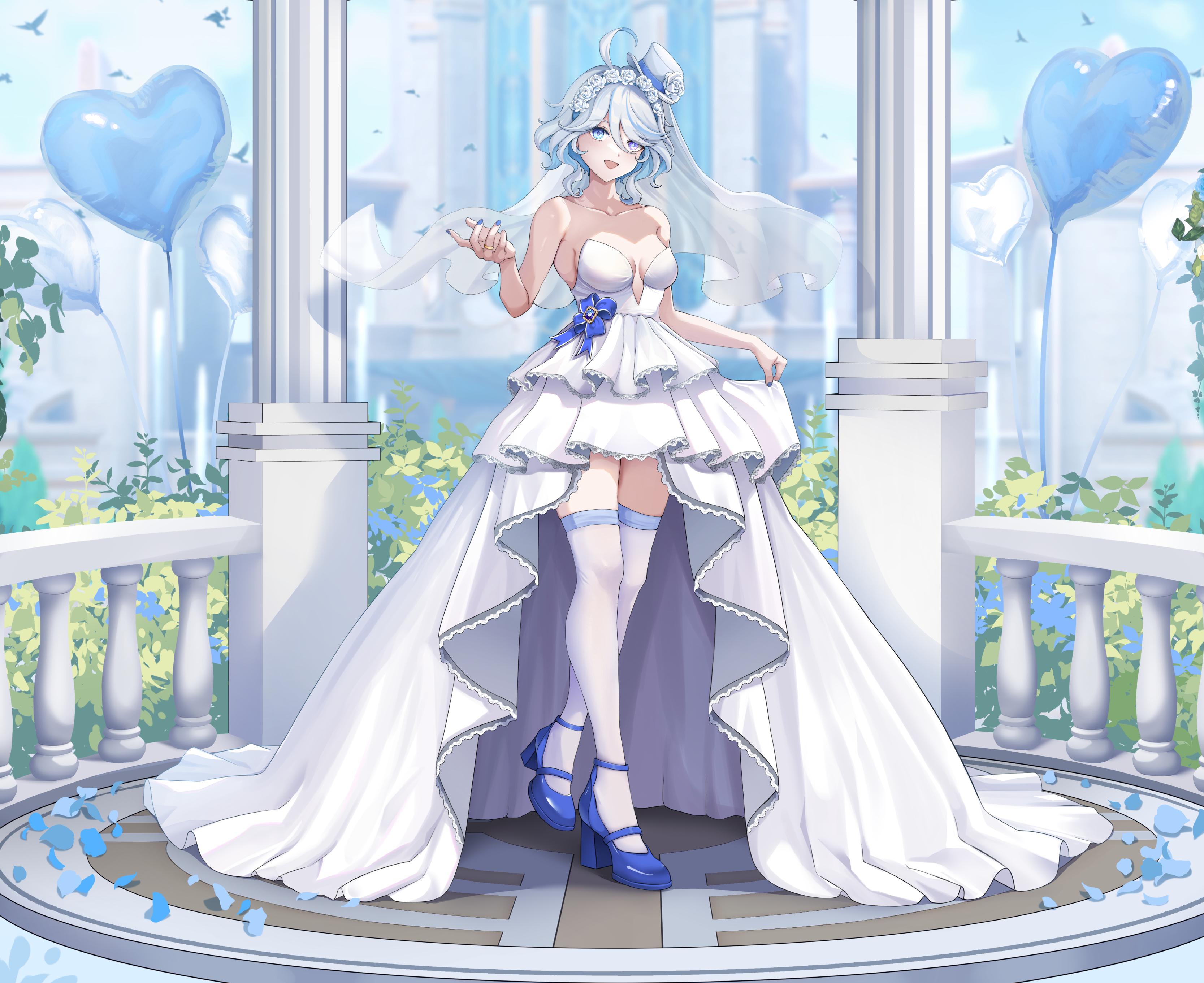 furina (genshin impact), genshin impact, absurdres, commentary, english commentary, highres, ahoge, alternate costume, balloon, bare shoulders, blue eyes, blue hair, blue nails, blue shoes, breasts, bridal veil, collarbone, dress, drop-shaped pupils, flower, full body, hair between eyes, hair flower, hair ornament, hand up, hat, heart balloon, heterochromia, high-low dress, jewelry, long dress, looking at viewer, medium breasts, nail polish, open mouth, outdoors, pillar, pjillust, plunging neckline, railing, ring, shoes, short hair, skirt hold, smile, strapless, strappy heels, symbol-shaped pupils, thighhighs, veil, wedding dress, wedding ring, white dress, white hat, white thighhighs