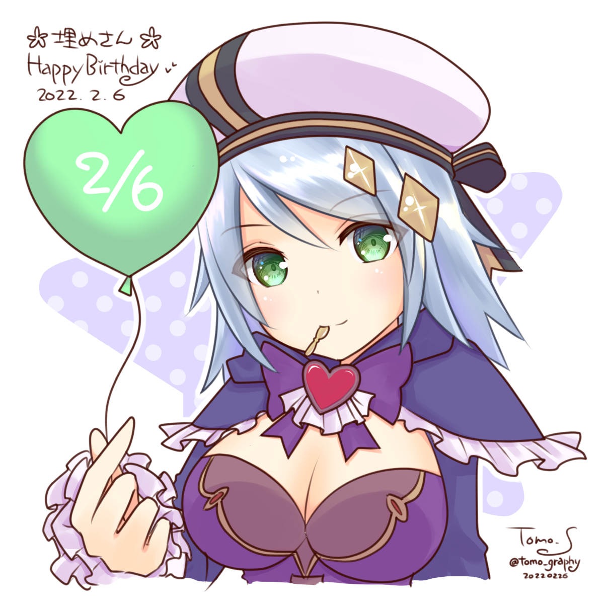 sakuraji tomoka, ragnarok masters, ragnarok online, commentary request, highres, 1girl, balloon, beret, blue hair, blush, bow, bowtie, breasts, brooch, cleavage, closed mouth, dated, dress, frilled sleeves, frills, green eyes, happy birthday, hat, heart, heart balloon, heart brooch, jewelry, large breasts, long hair, looking at viewer, purple bow, purple bowtie, purple dress, signature, smile, solo, soulblade cross (ragnarok masters), upper body, white background, white hat