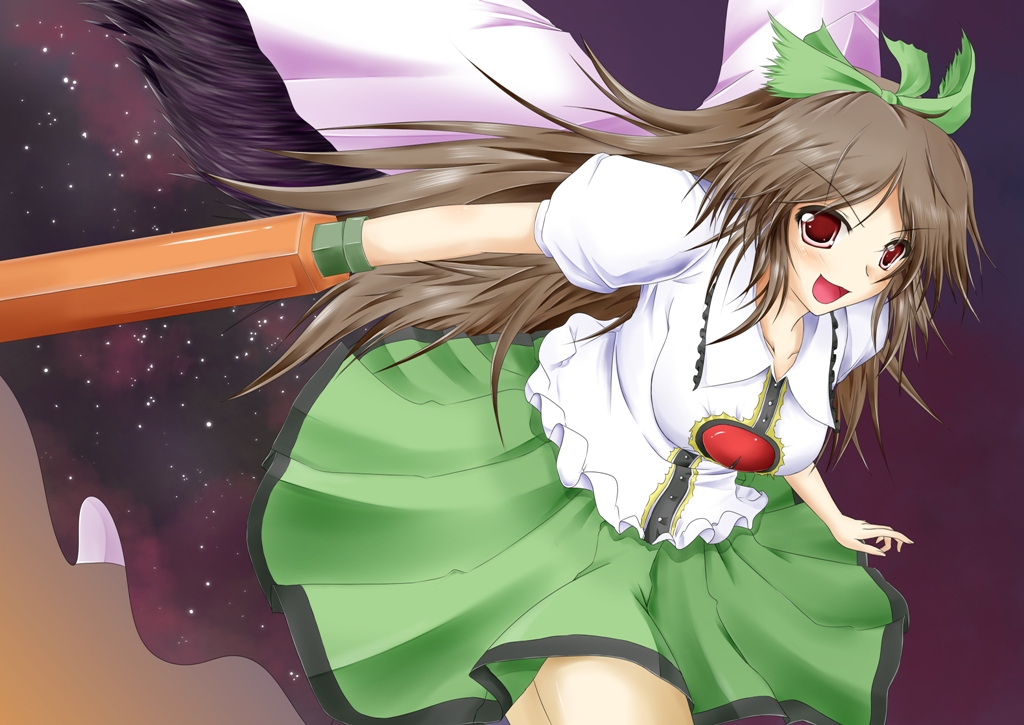 campbell (pixiv), campbell gichou, reiuji utsuho, touhou, 1girl, arm cannon, brown hair, female focus, long hair, red eyes, solo, weapon